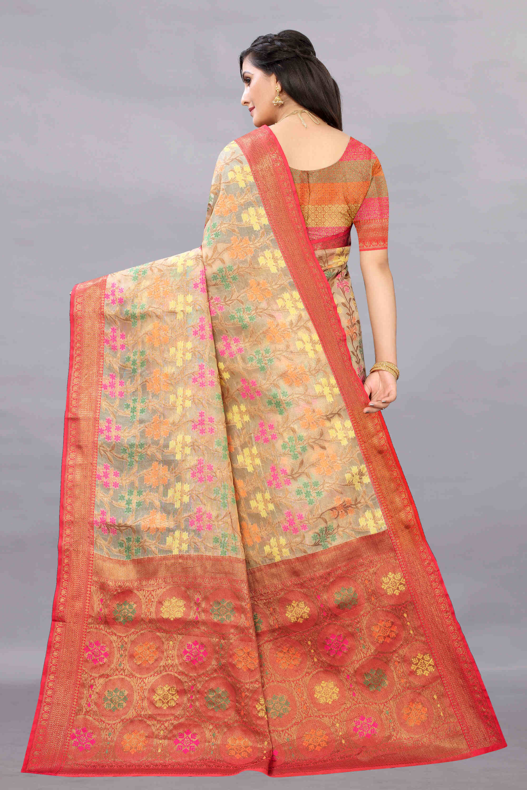 Cream Red Soft Organza Silk Saree  With Rich golden Zari Wooven  Pallu  Zari weawing