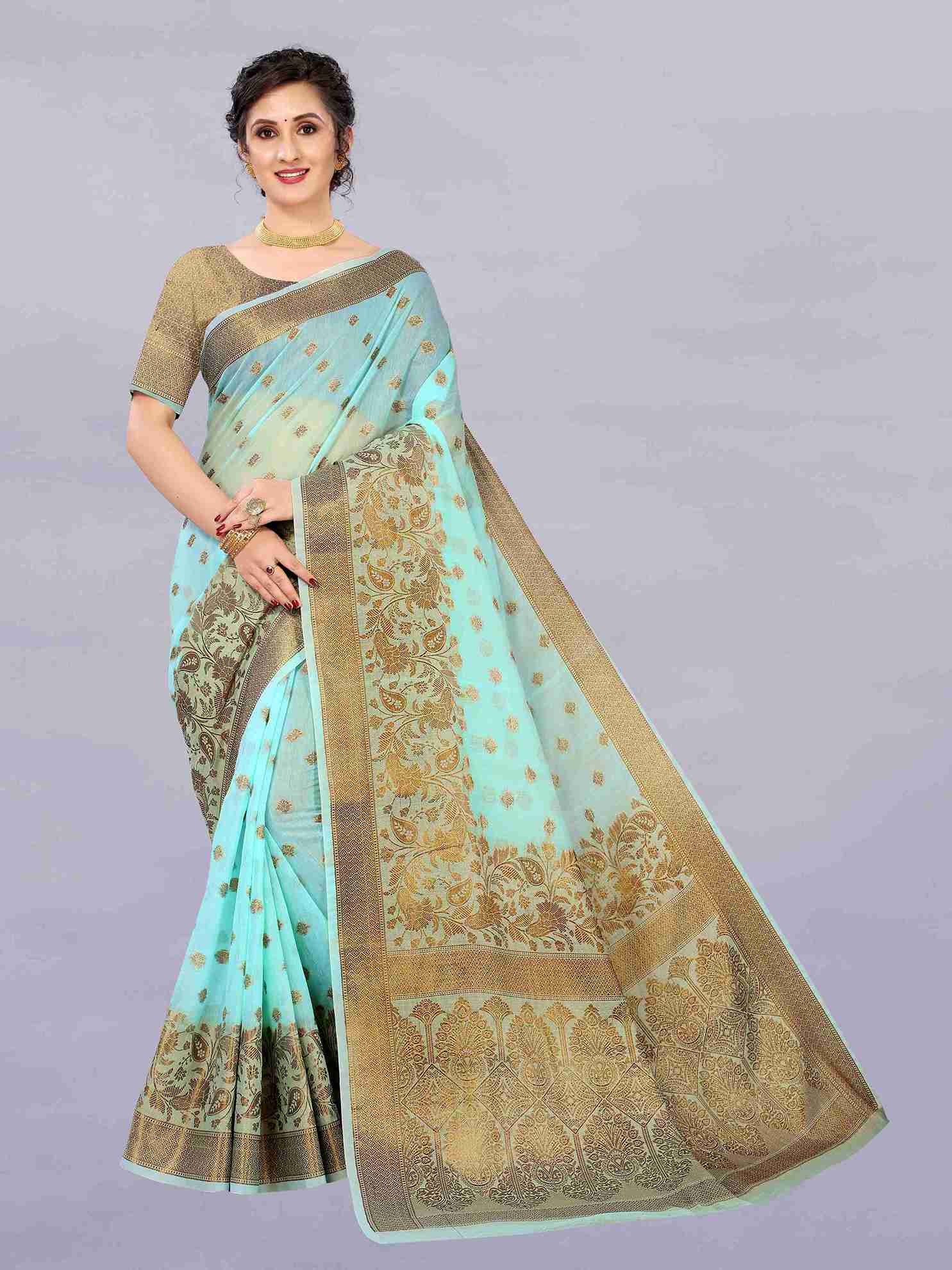 Light Blue Soft Cototn Silk Saree  Zari Wooven  Pallu  Zari weawing With Blouse Piece