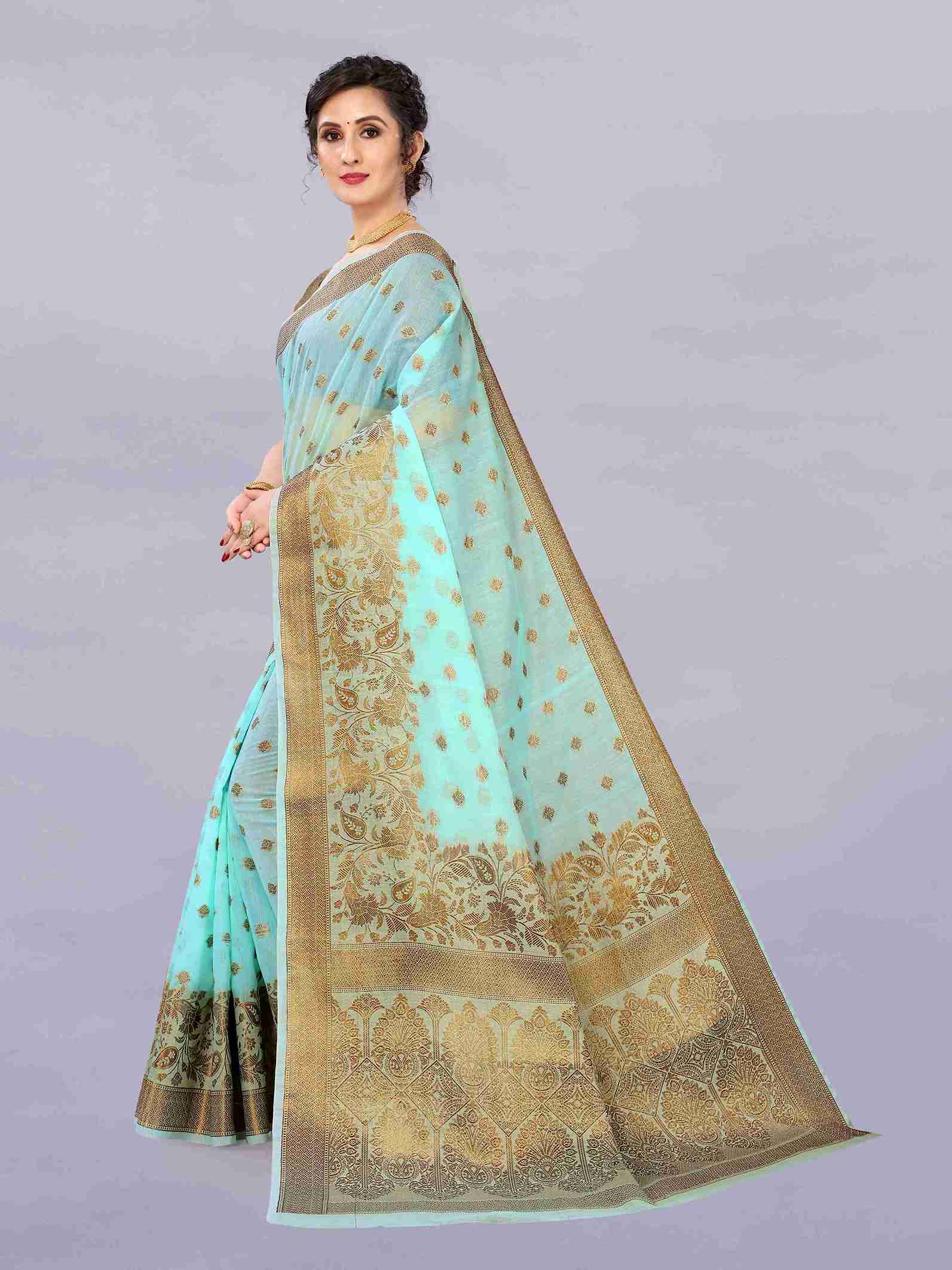 Light Blue Soft Cototn Silk Saree  Zari Wooven  Pallu  Zari weawing With Blouse Piece