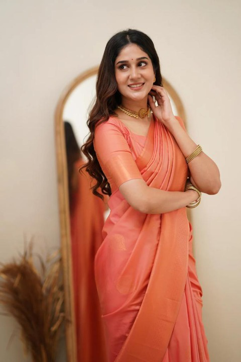 Peach Soft Silk Saree With Magnetic Blouse Piece