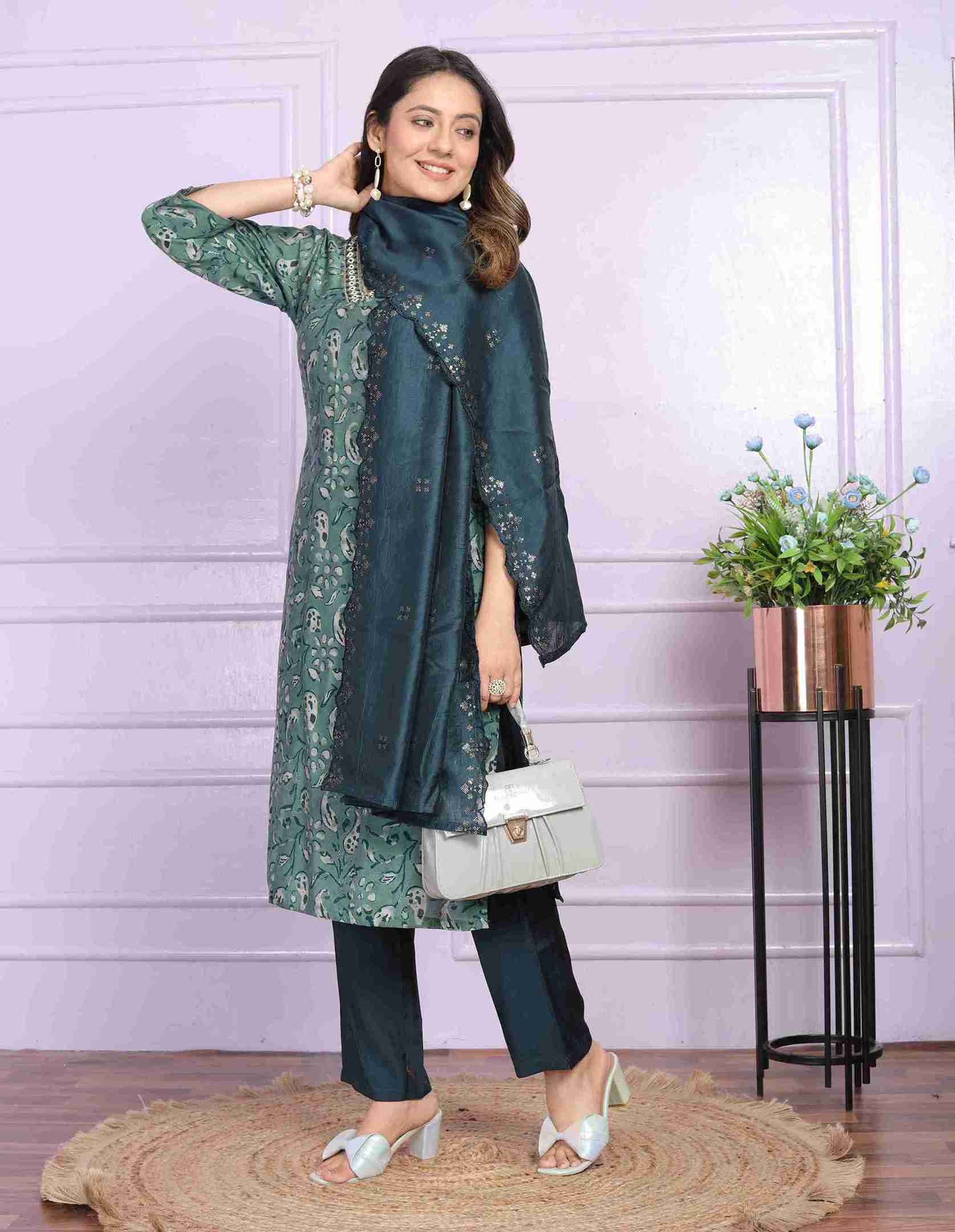 Rama Green Kurti set with Dupatta