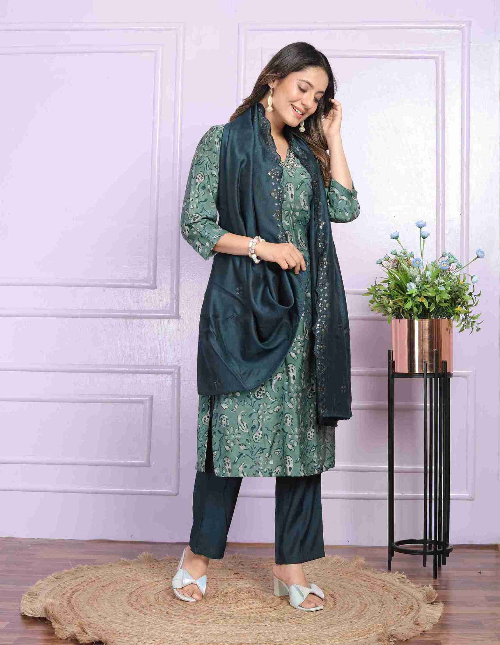 Rama Green Kurti set with Dupatta