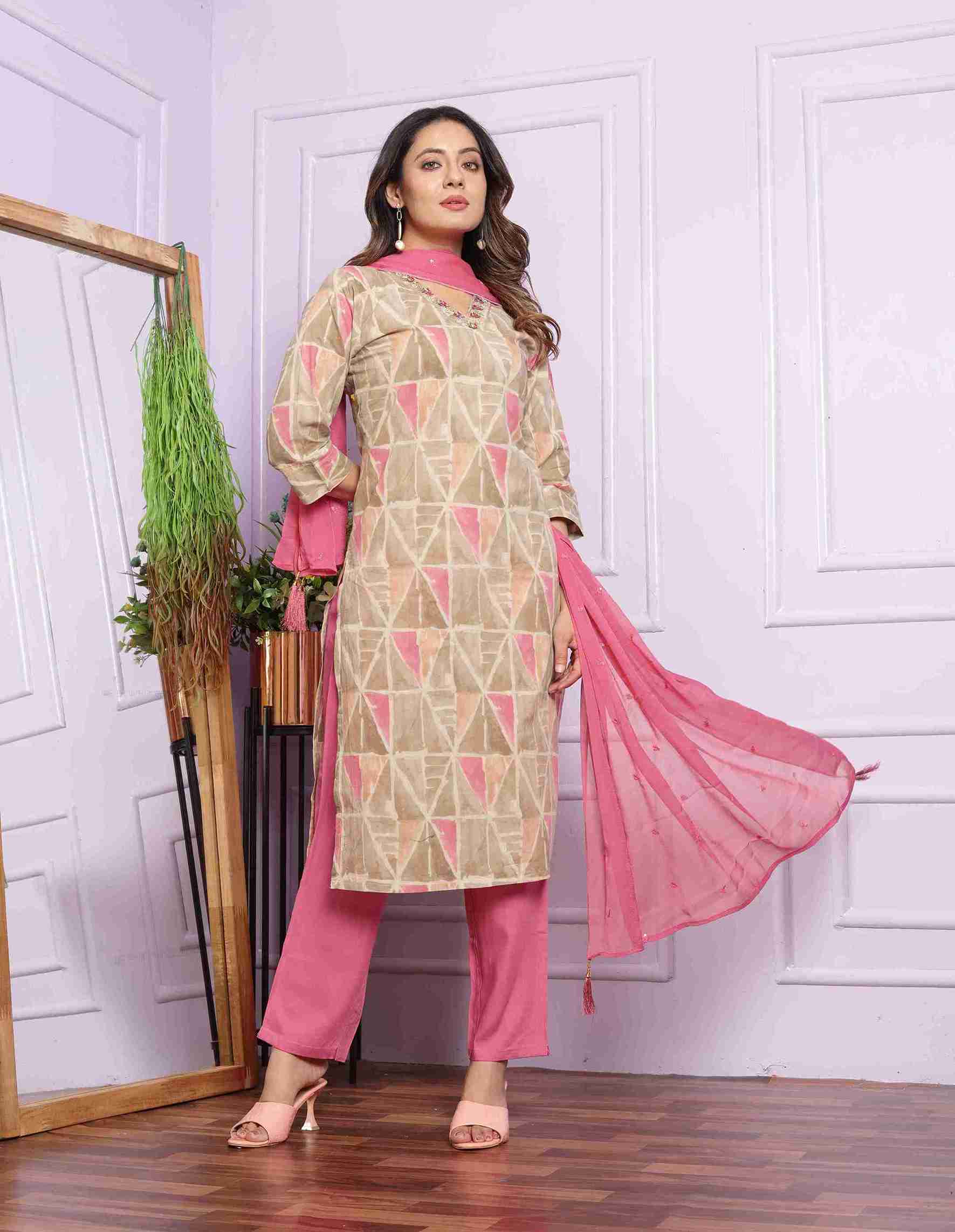 White and Dark Pink Cotton Straight Kurti Set with Dupatta