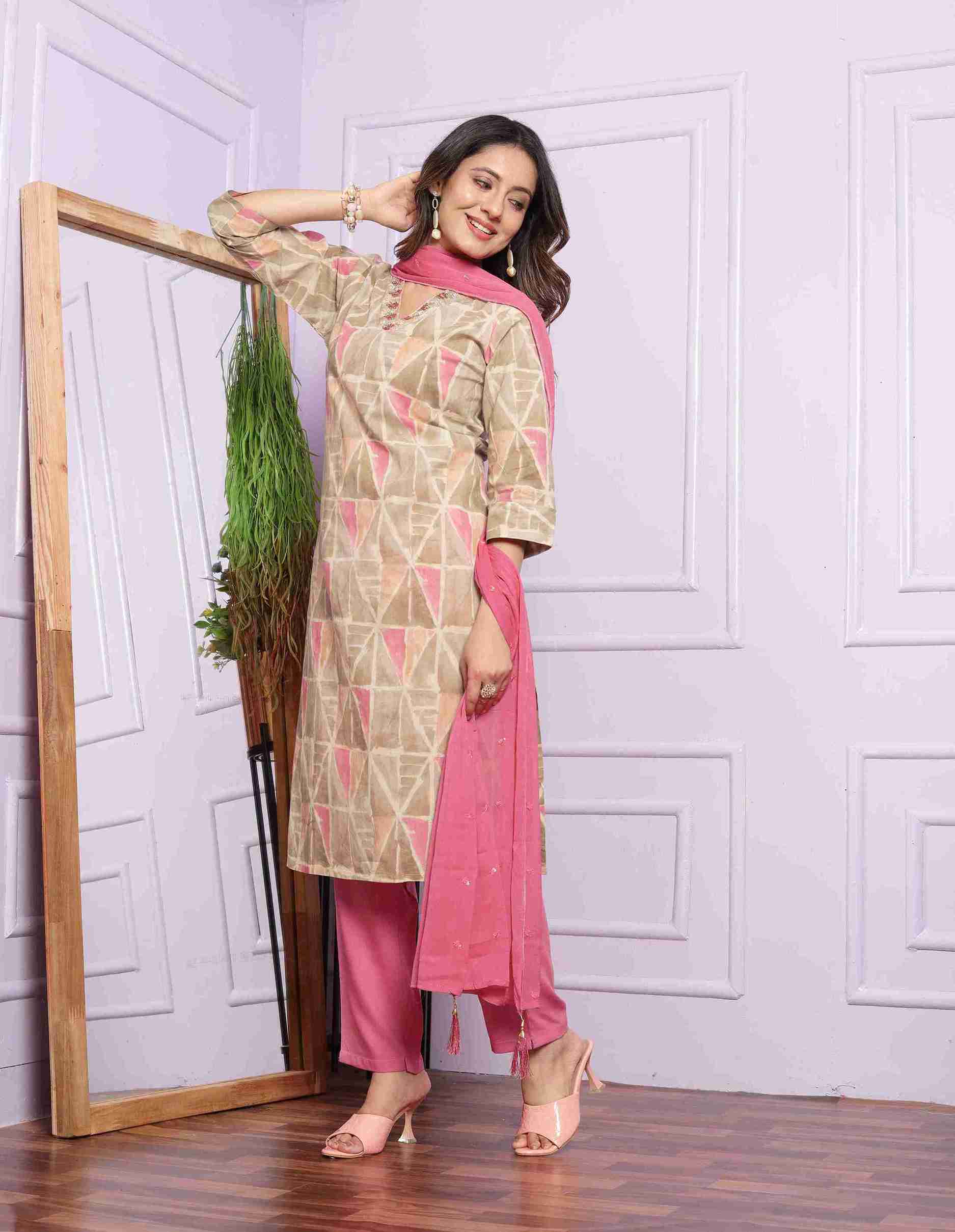 White and Dark Pink Cotton Straight Kurti Set with Dupatta