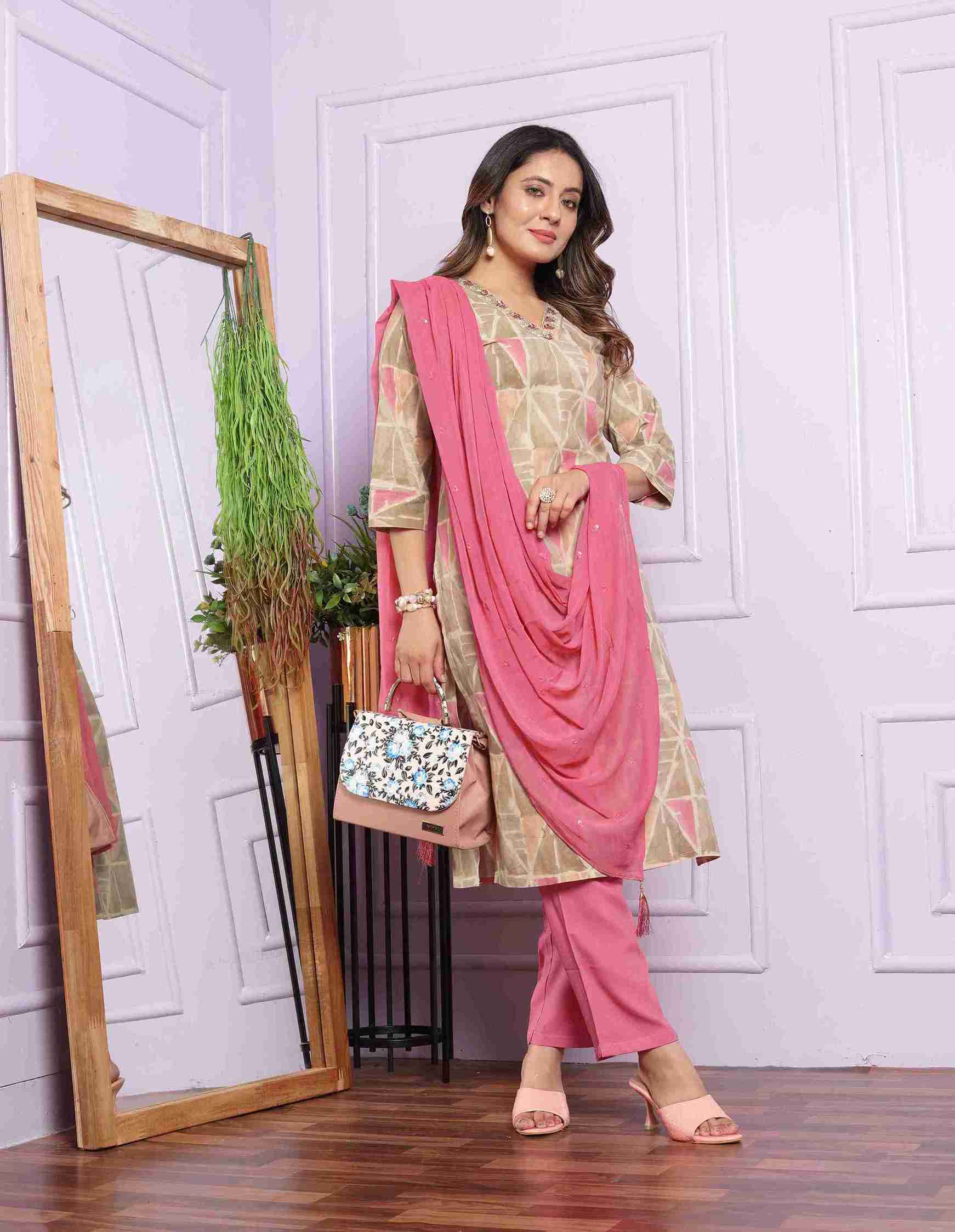 White and Dark Pink Cotton Straight Kurti Set with Dupatta