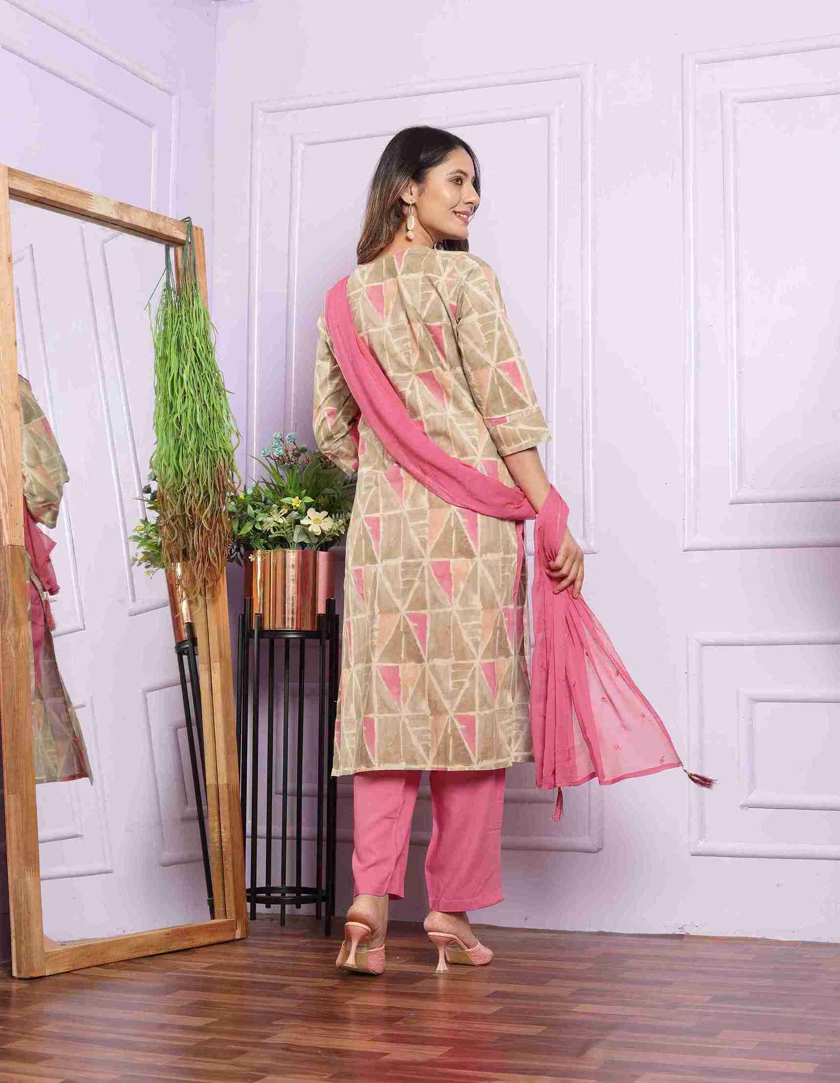 White and Dark Pink Cotton Straight Kurti Set with Dupatta