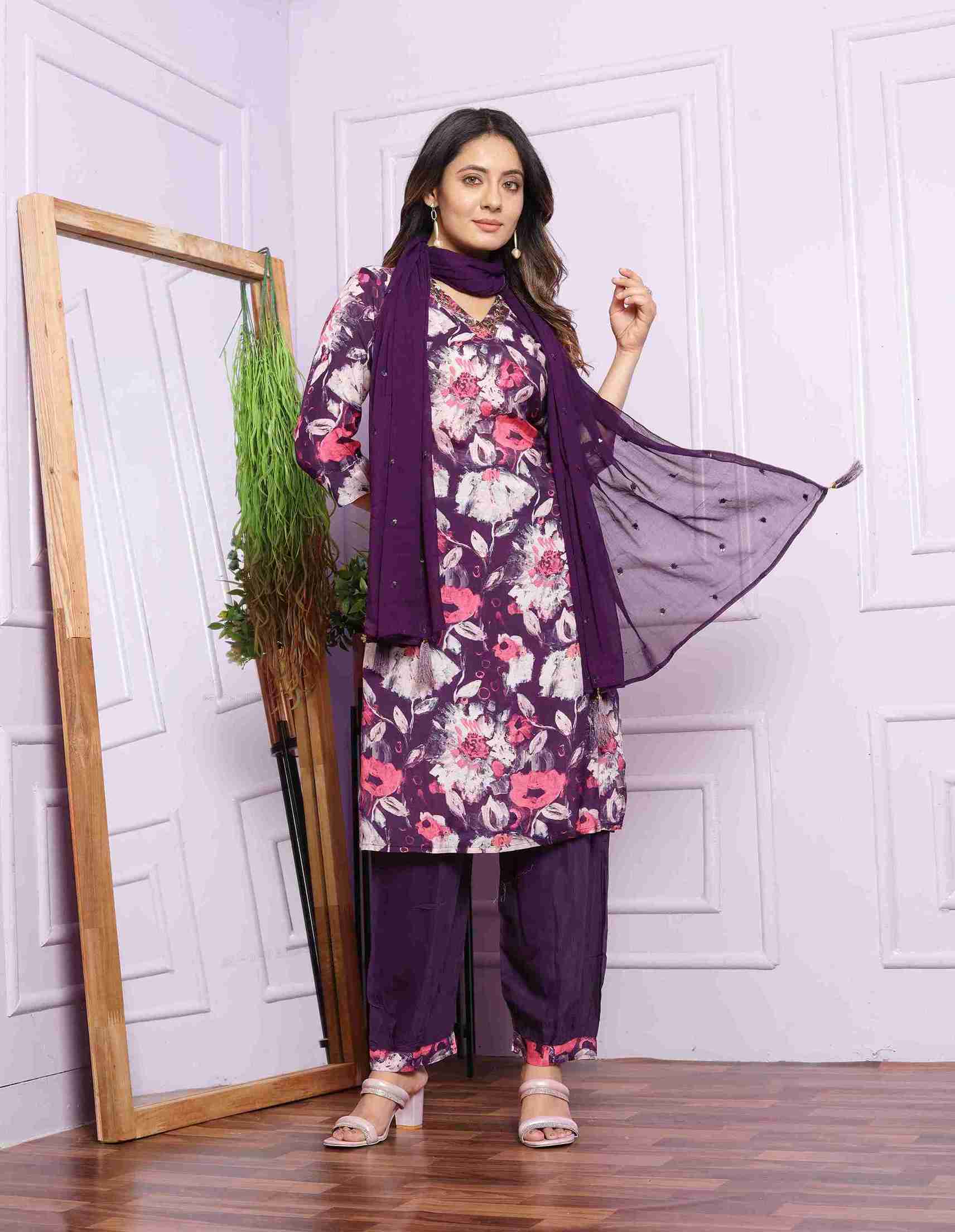 Violet and Pink Kurti set with Dupatta