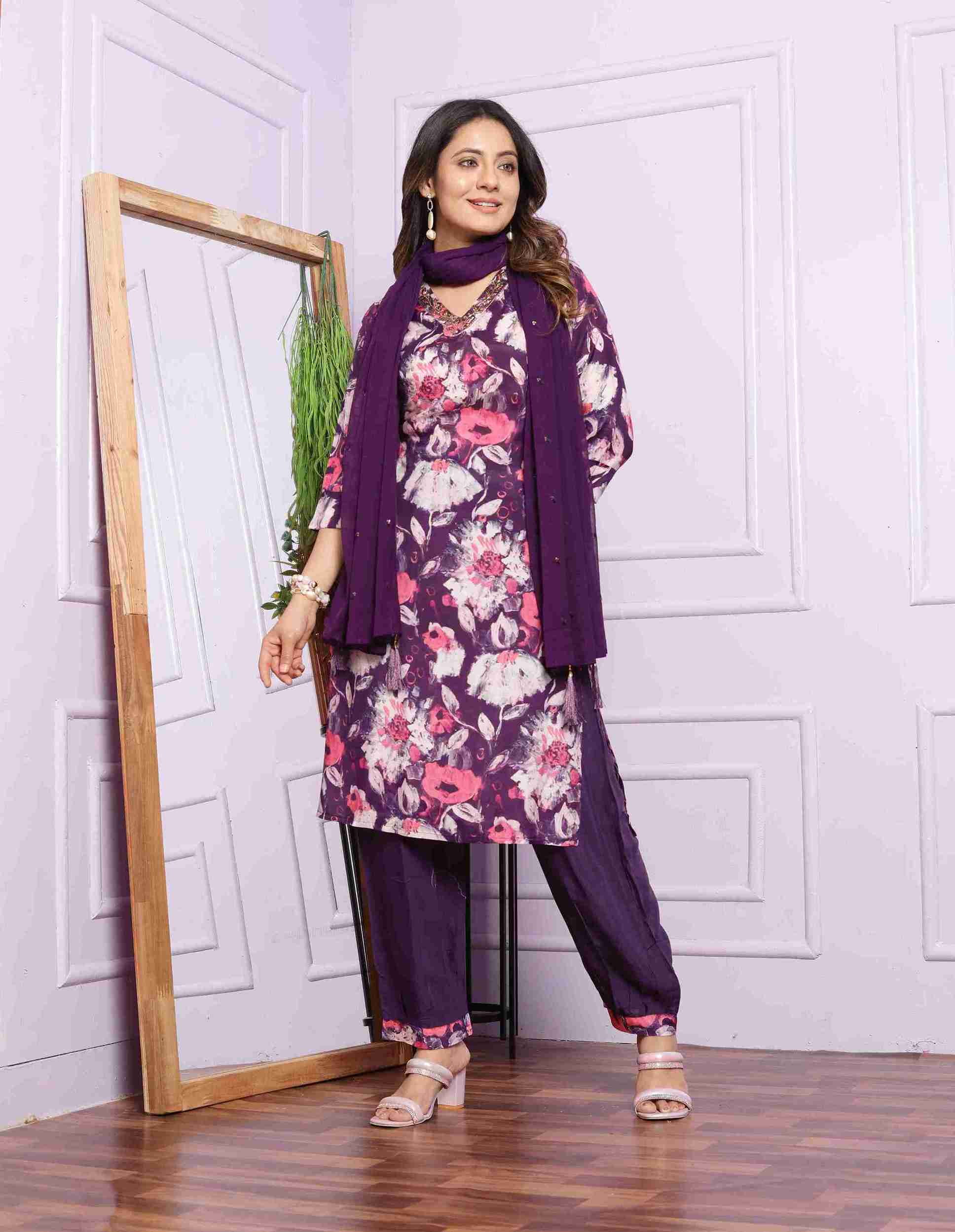 Violet and Pink Kurti set with Dupatta