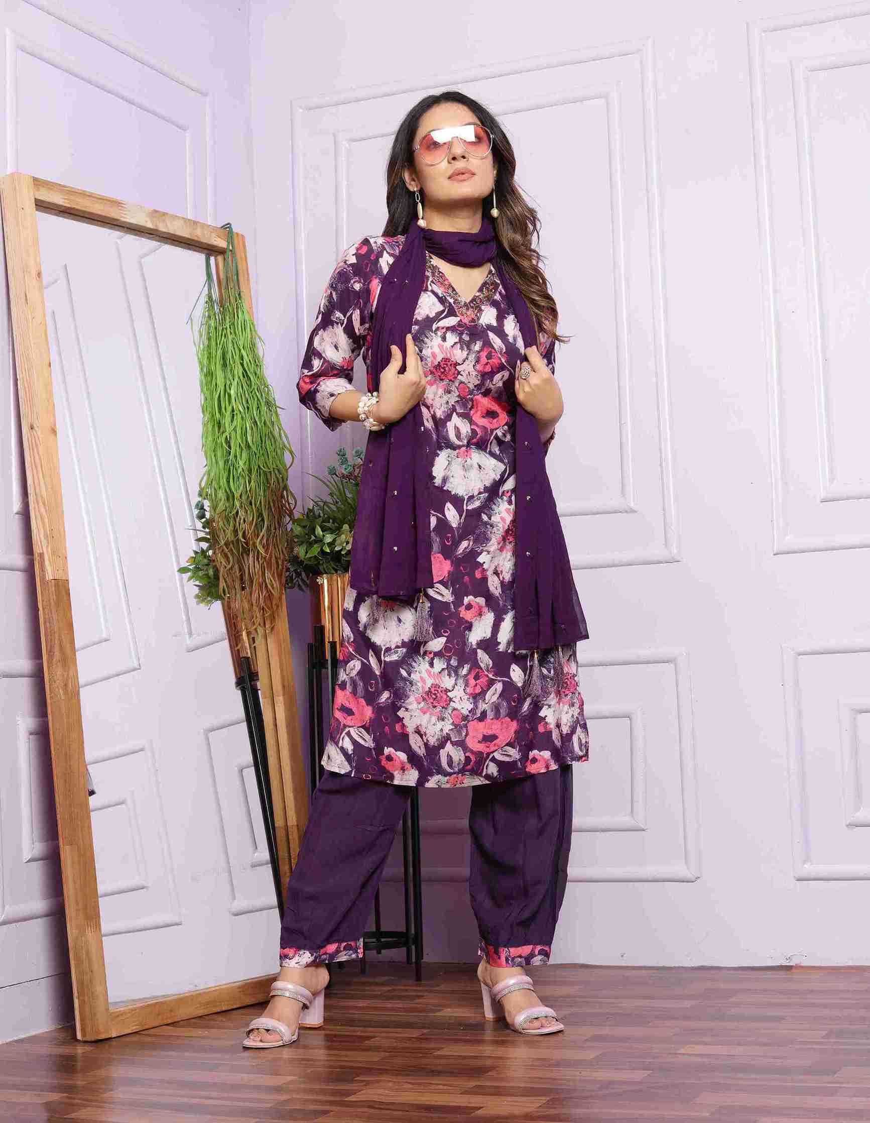 Violet and Pink Kurti set with Dupatta