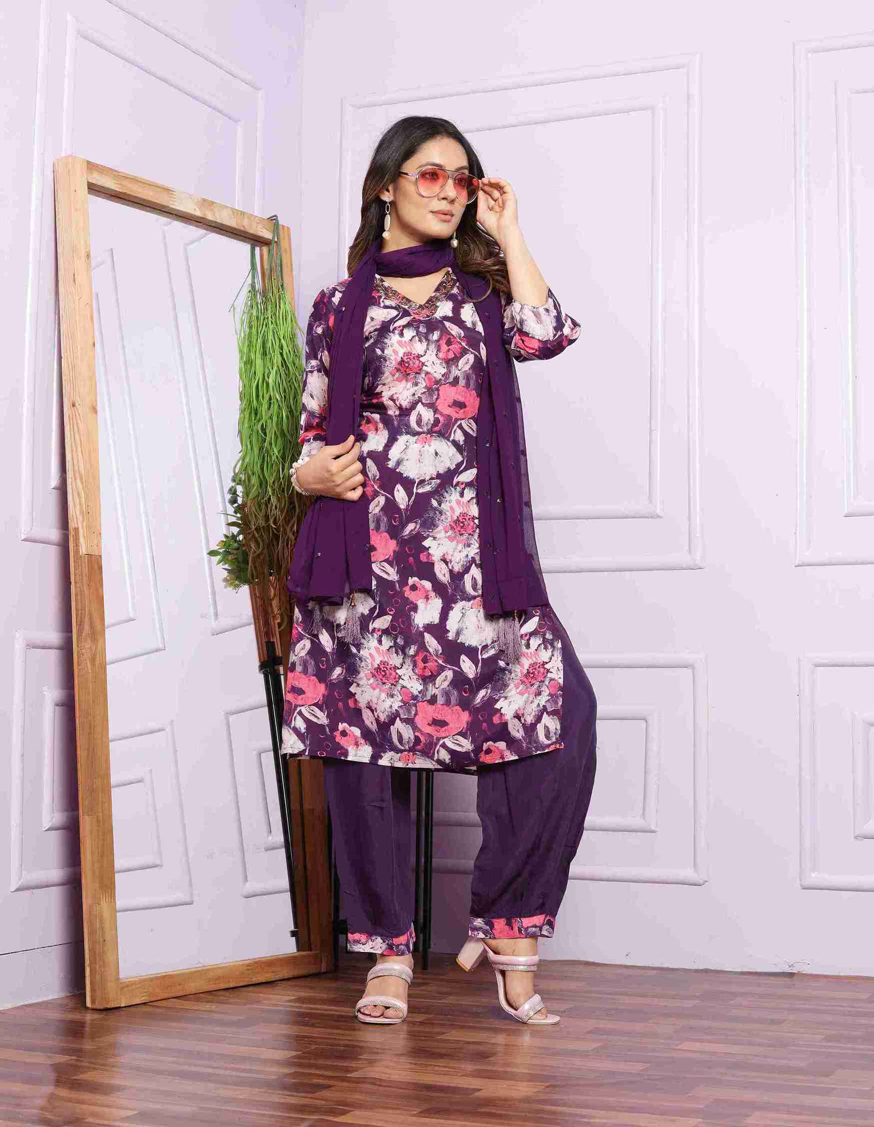 Violet and Pink Kurti set with Dupatta