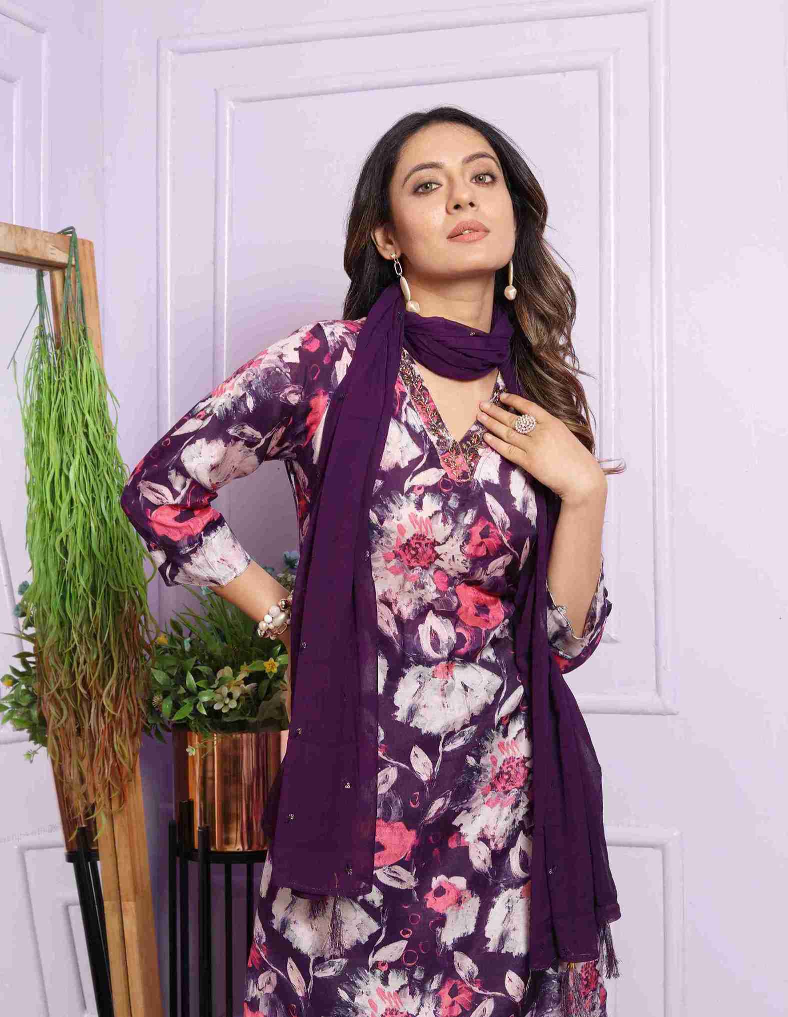 Violet and Pink Kurti set with Dupatta