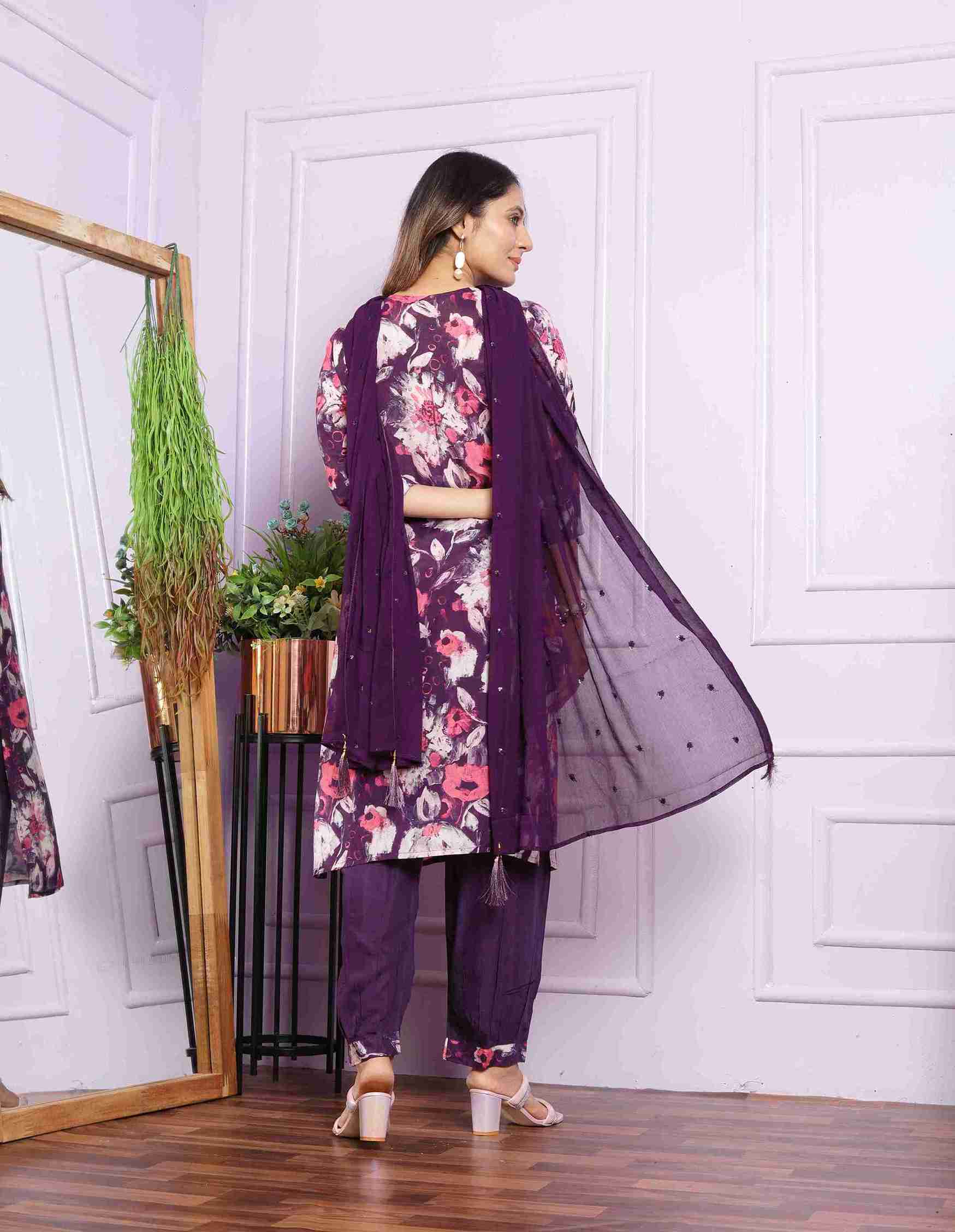 Violet and Pink Kurti set with Dupatta