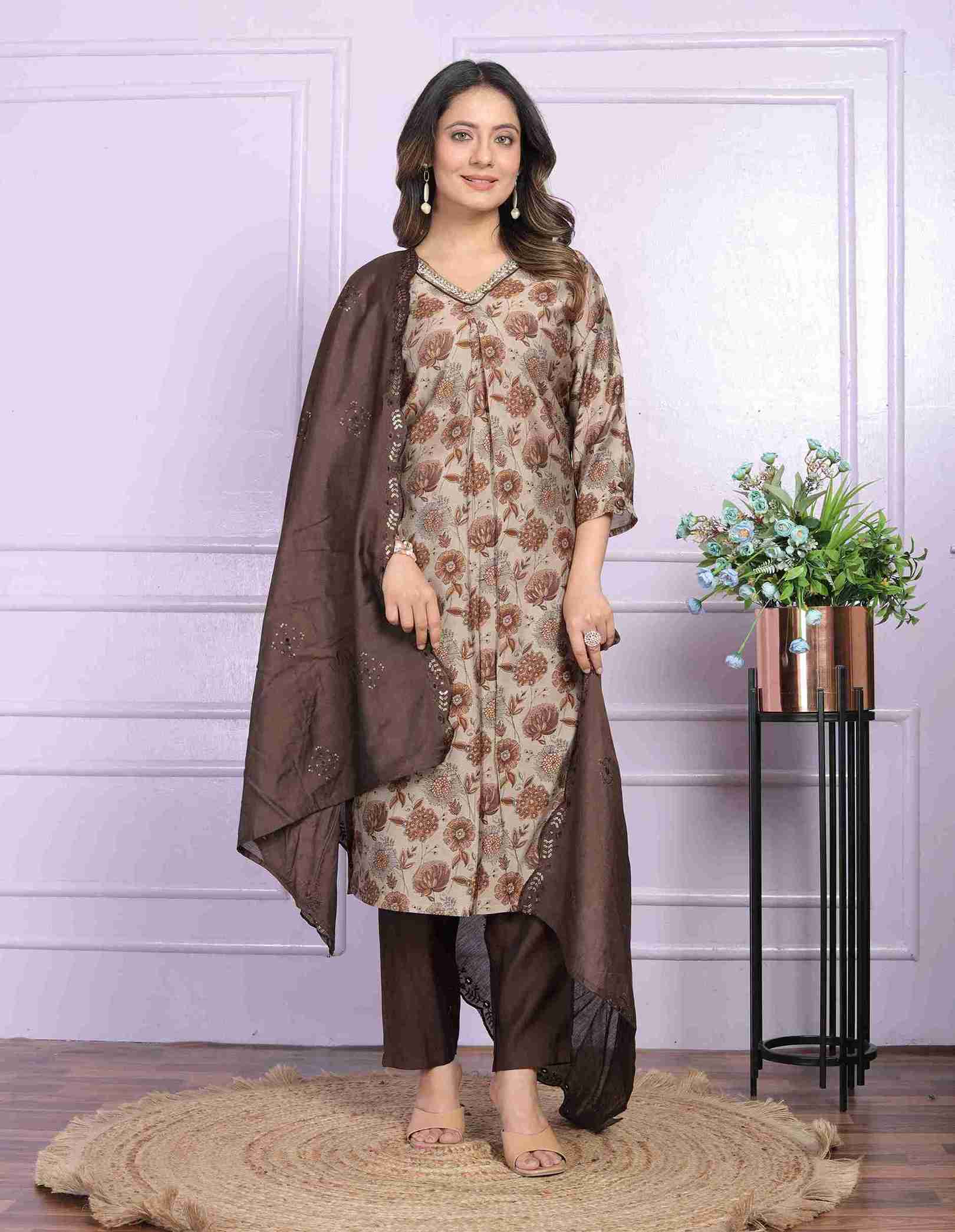 Brown And Sand Kurti set with Dupatta