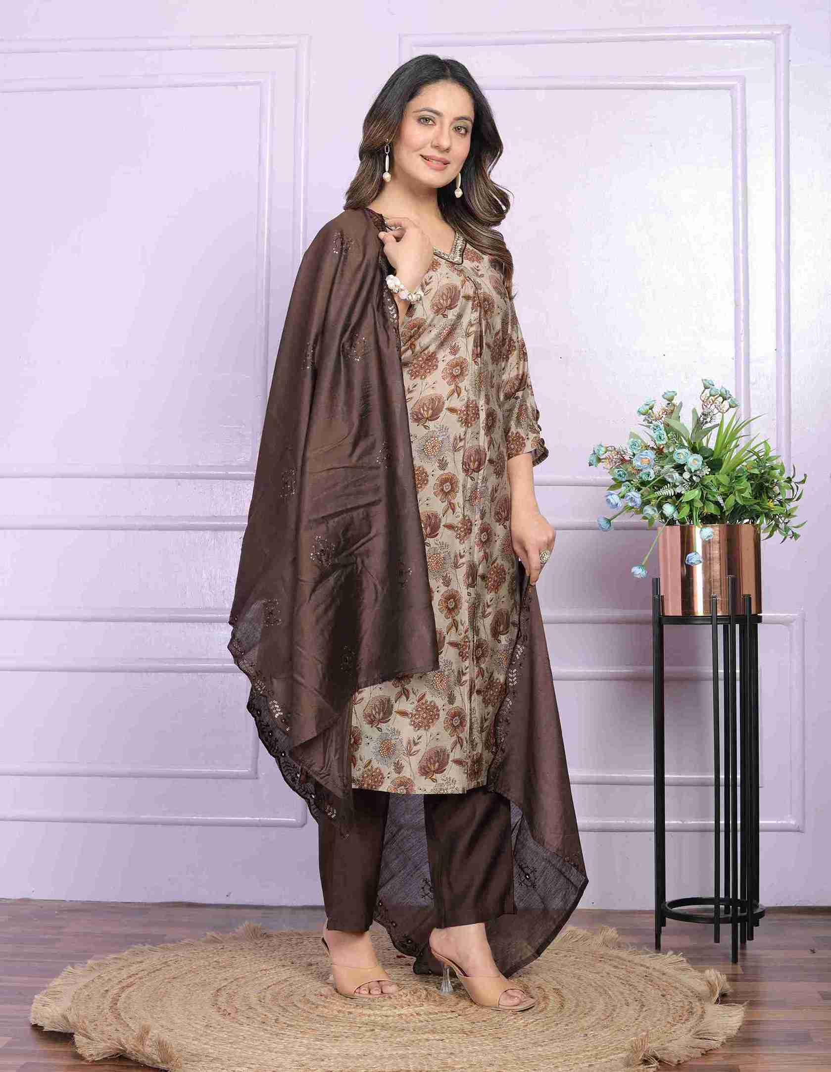 Brown And Sand Kurti set with Dupatta