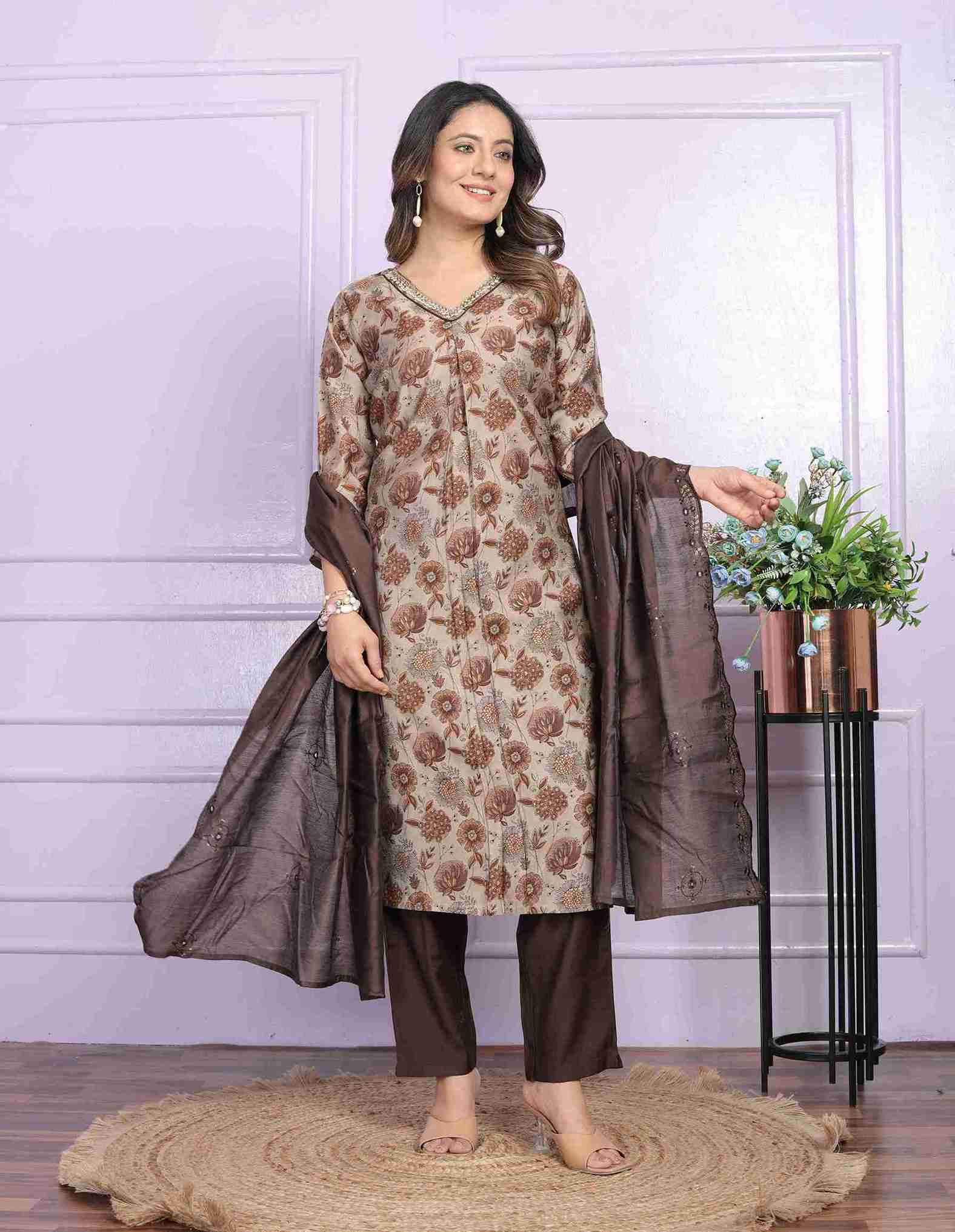 Brown And Sand Kurti set with Dupatta