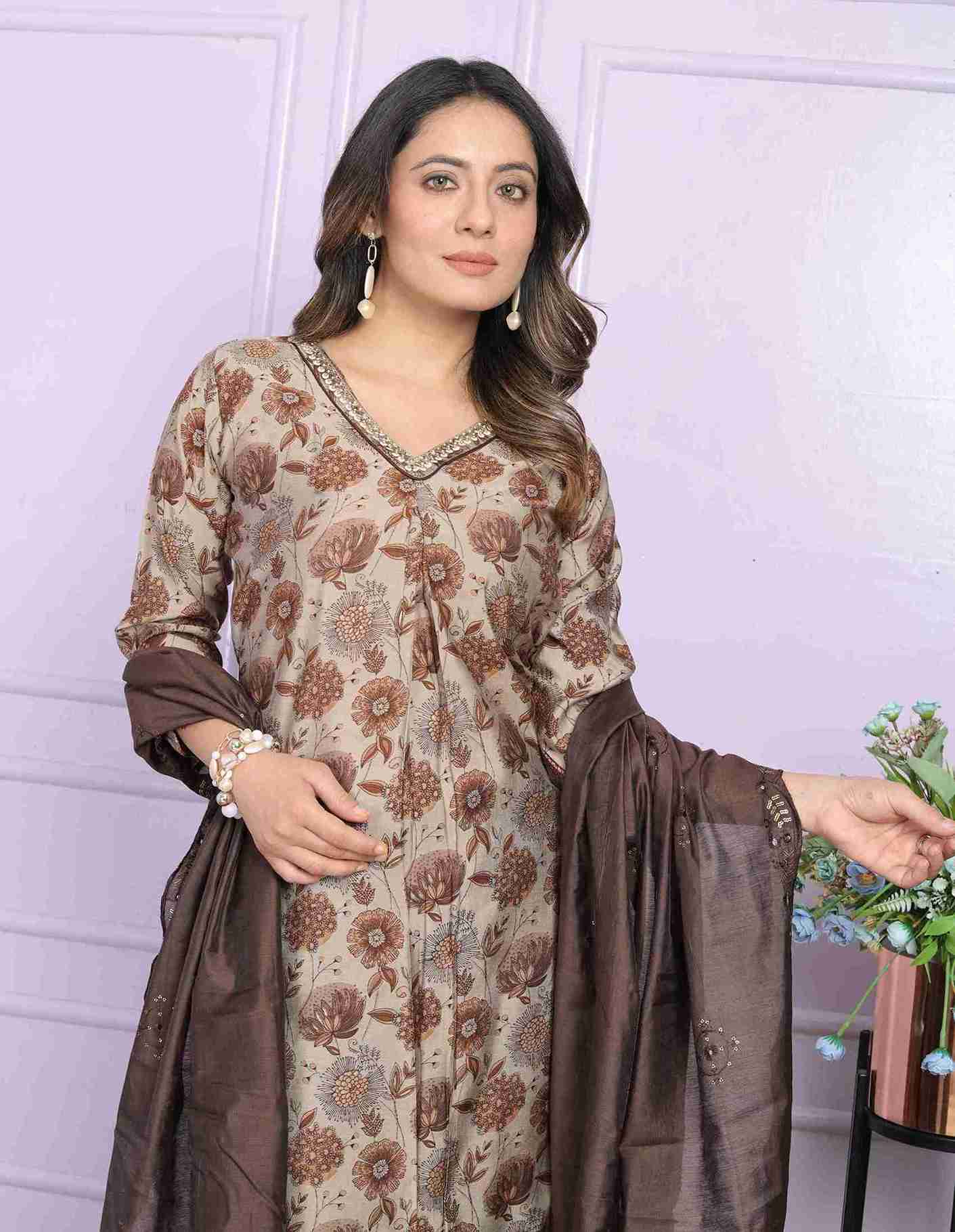 Brown And Sand Kurti set with Dupatta