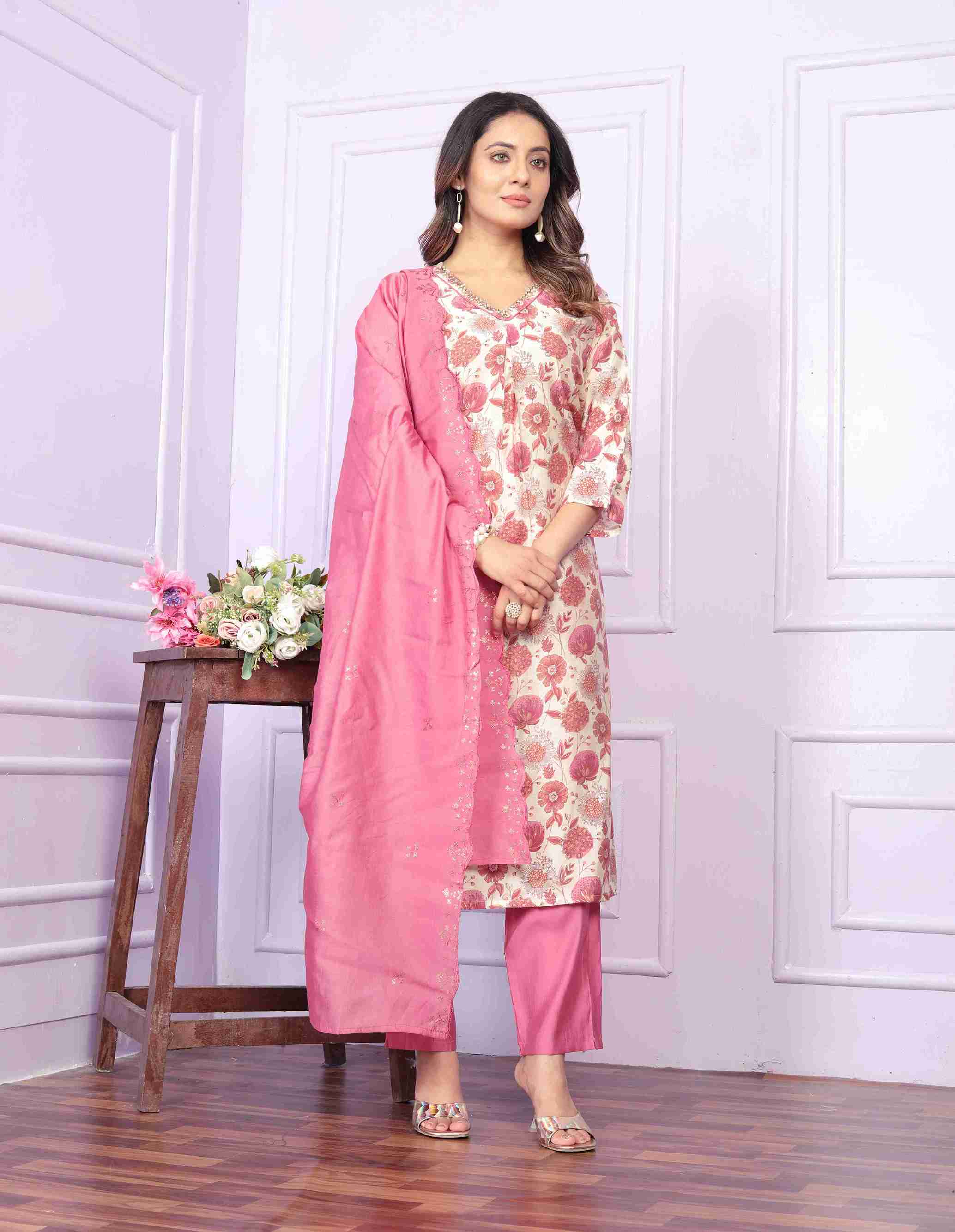 Cream And  Rose Kurti set with Dupatta