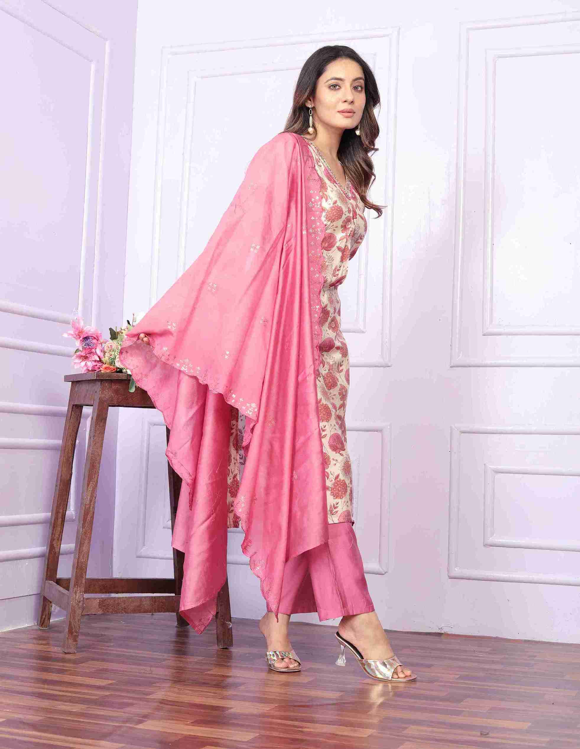 Cream And  Rose Kurti set with Dupatta