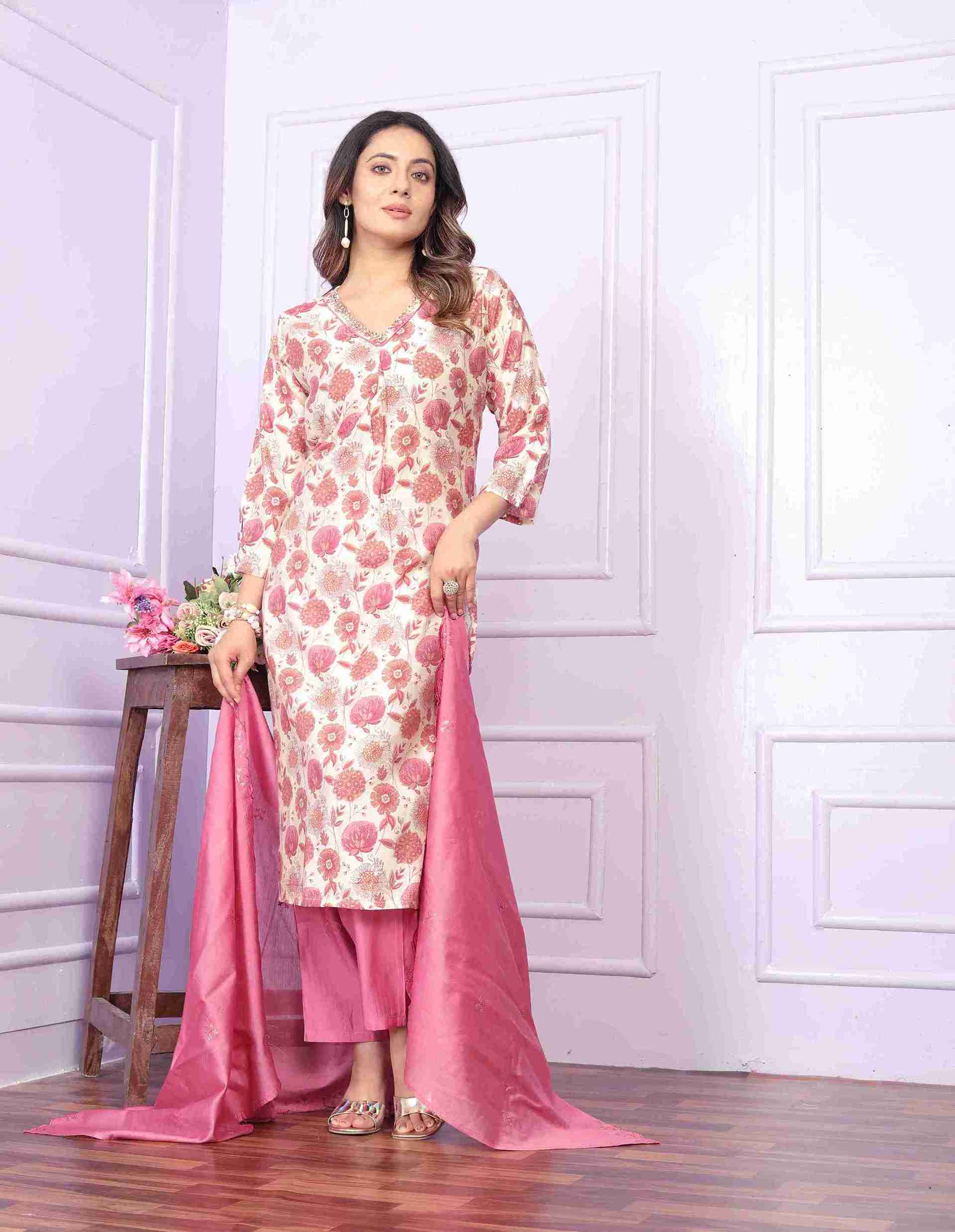 Cream And  Rose Kurti set with Dupatta