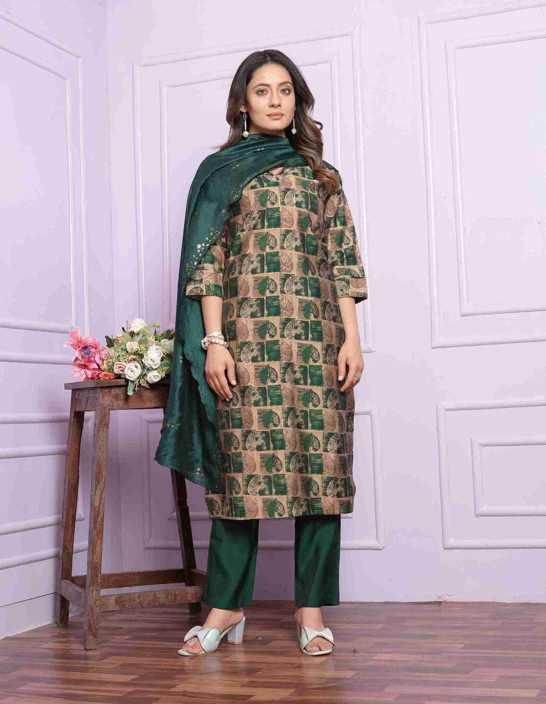 Sand And Green Kurti set with Dupatta