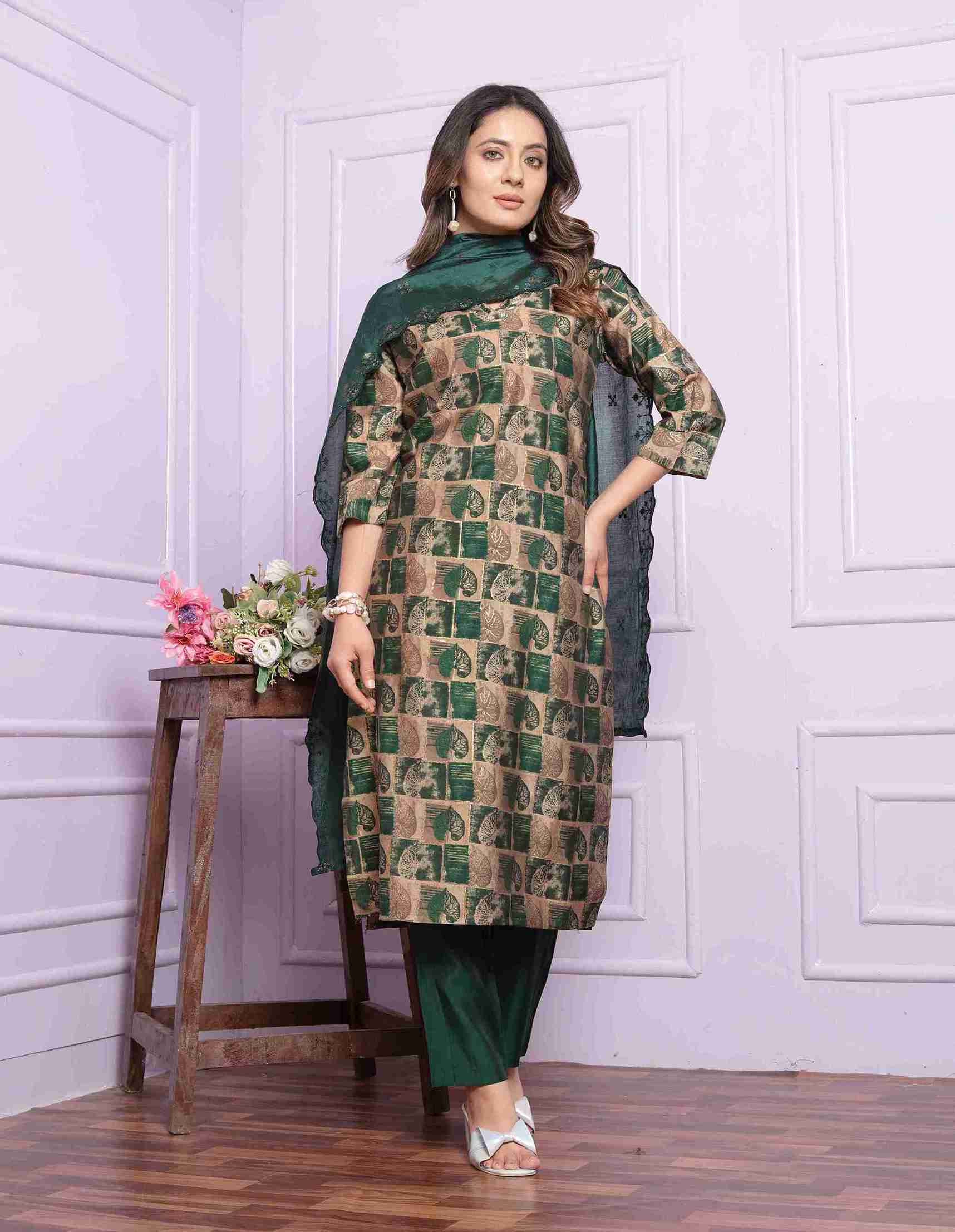 Sand And Green Kurti set with Dupatta