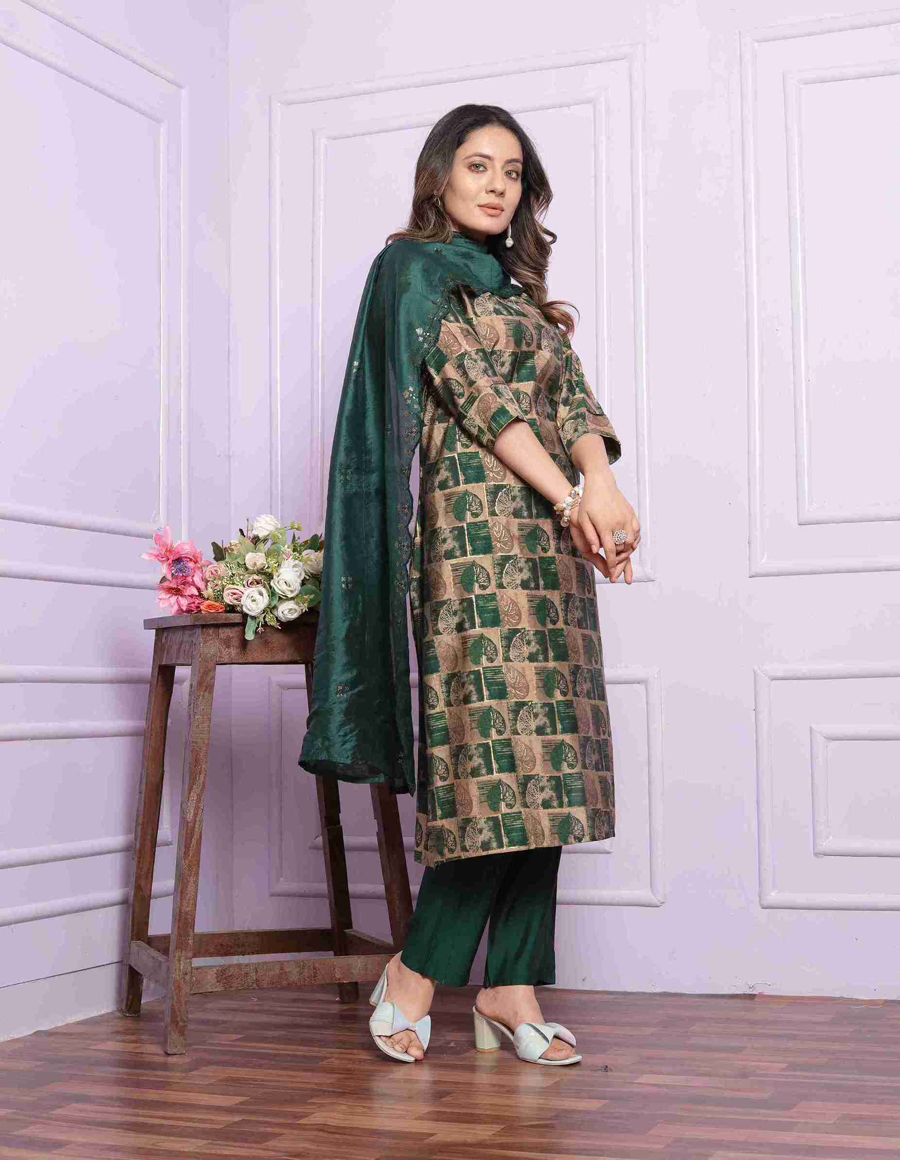 Sand And Green Kurti set with Dupatta