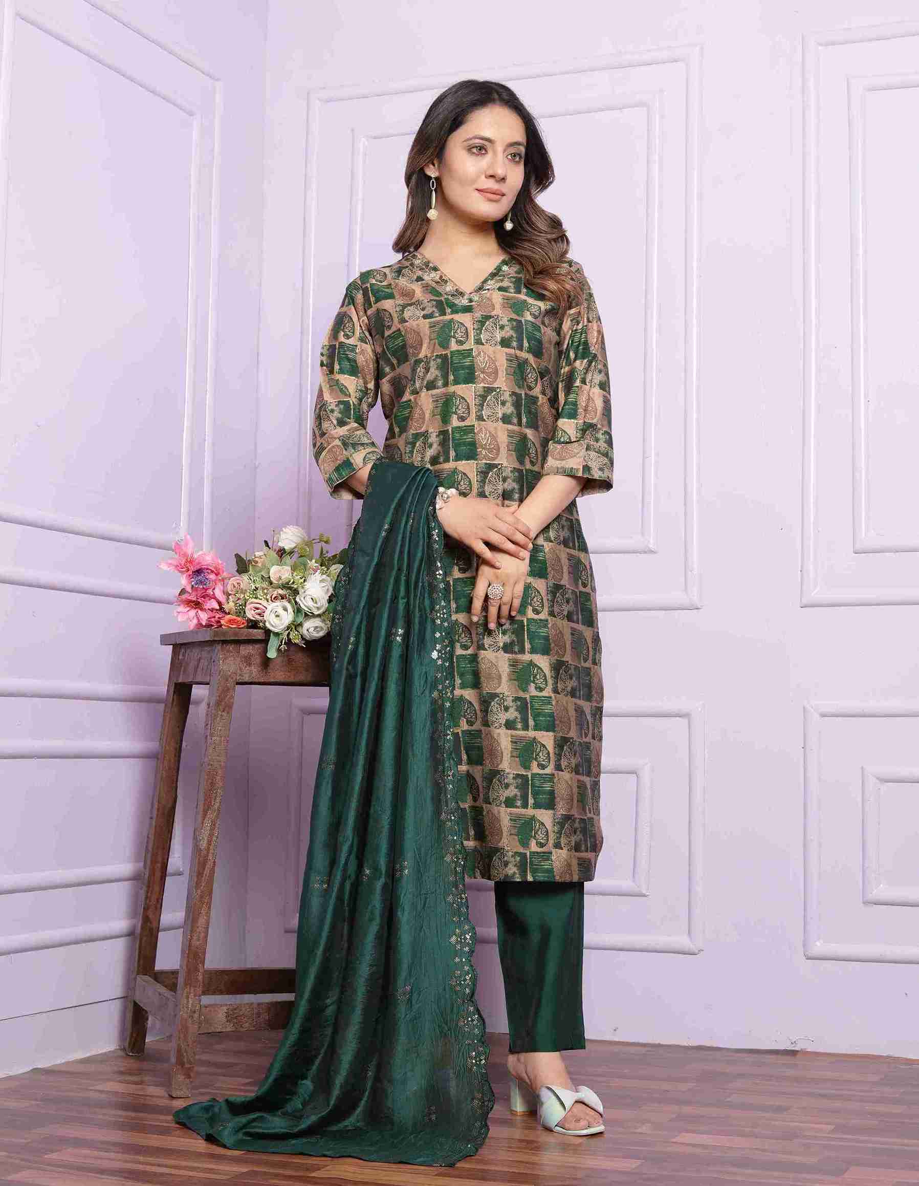 Sand And Green Kurti set with Dupatta