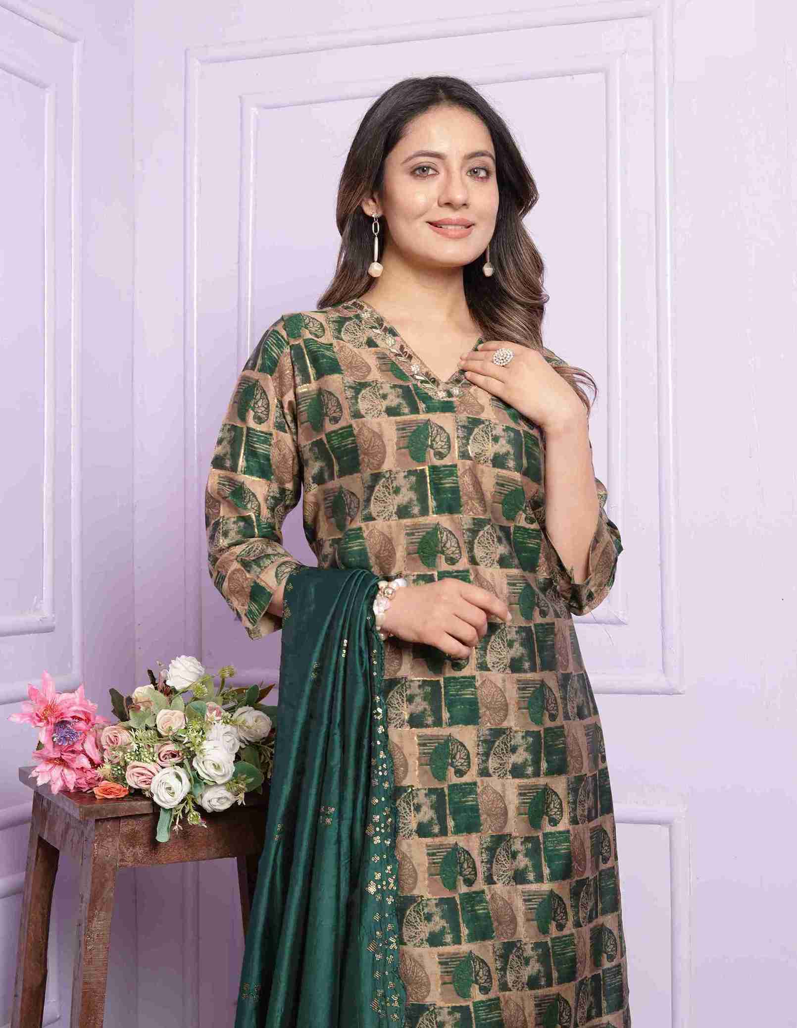 Sand And Green Kurti set with Dupatta