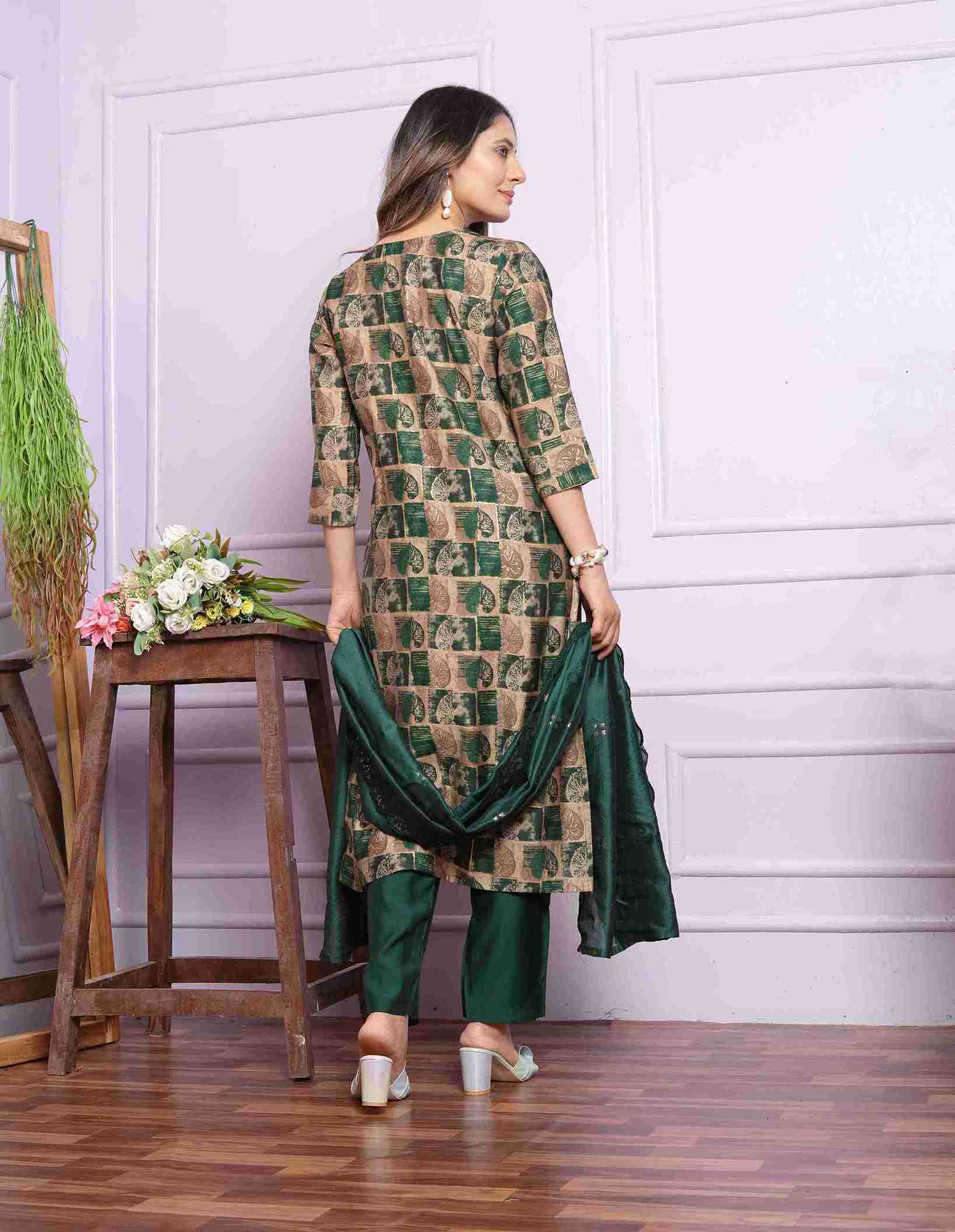 Sand And Green Kurti set with Dupatta