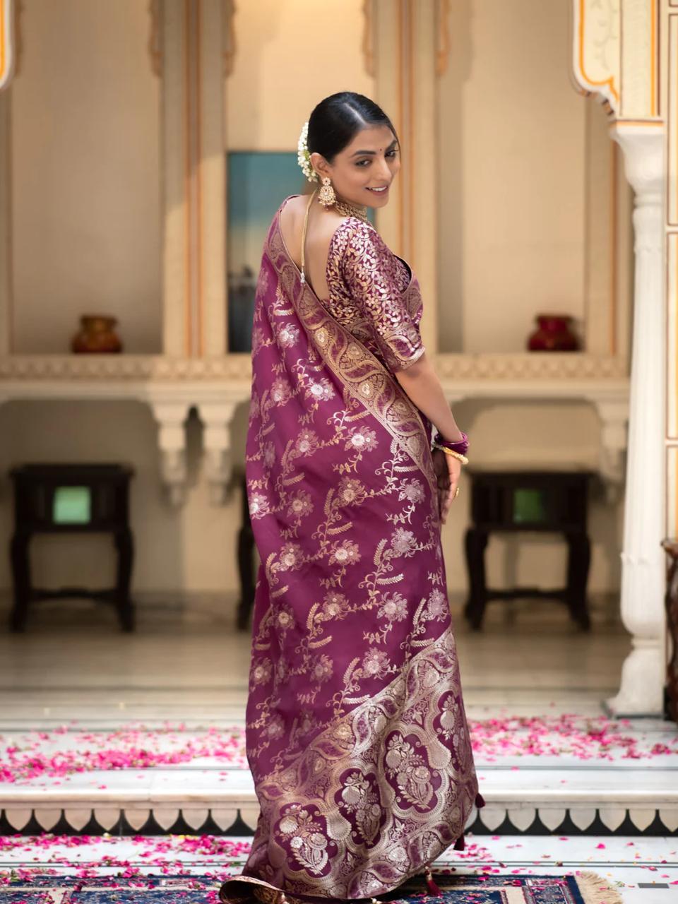 Wine Banarasi Silk Saree with  Embellishments and Intricate Festive Wear