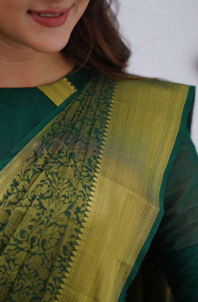 Dark Green Soft Silk Saree With Diaphanous Blouse Piece