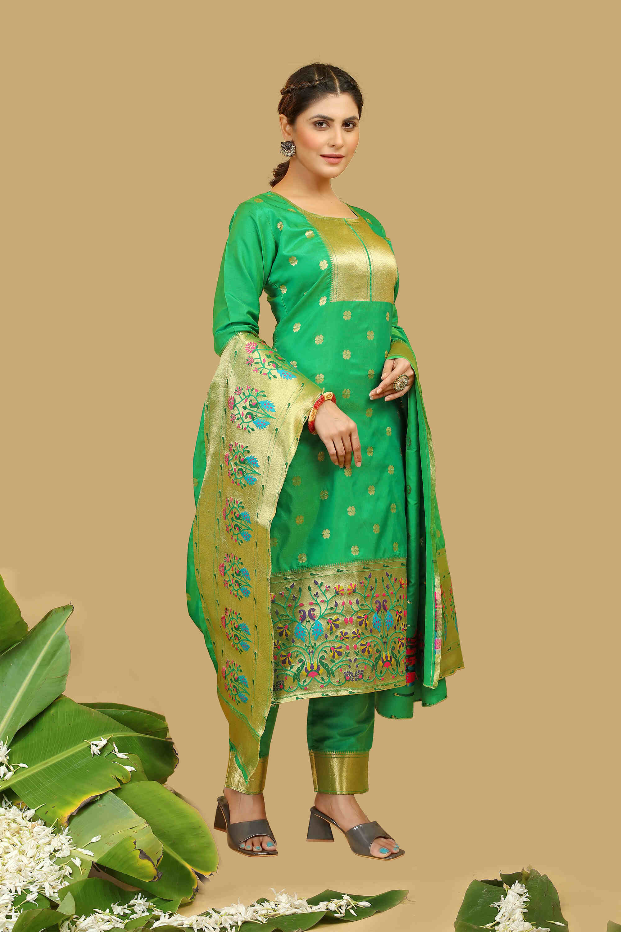 Green color paithani silk unstitched Suit [Product Code: 23602]