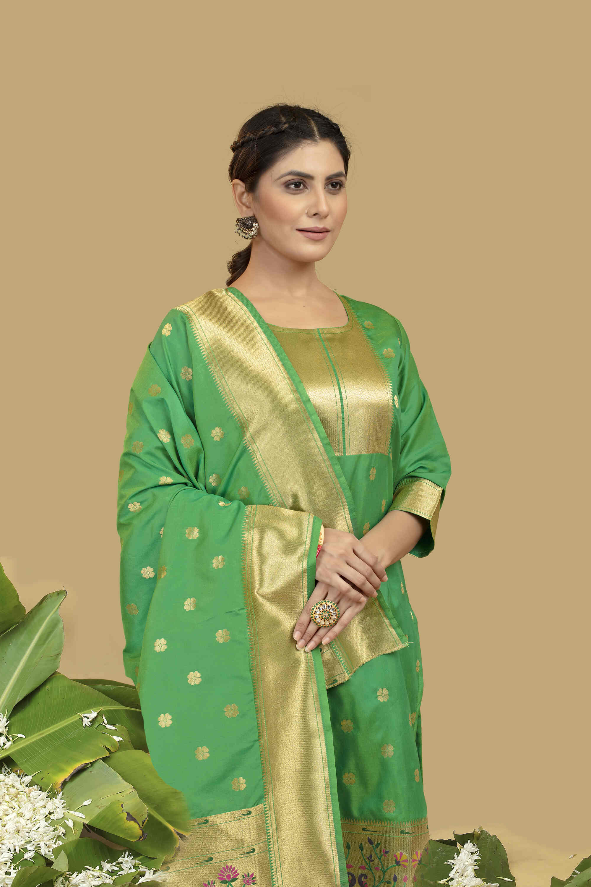 Green color paithani silk unstitched Suit [Product Code: 23602]