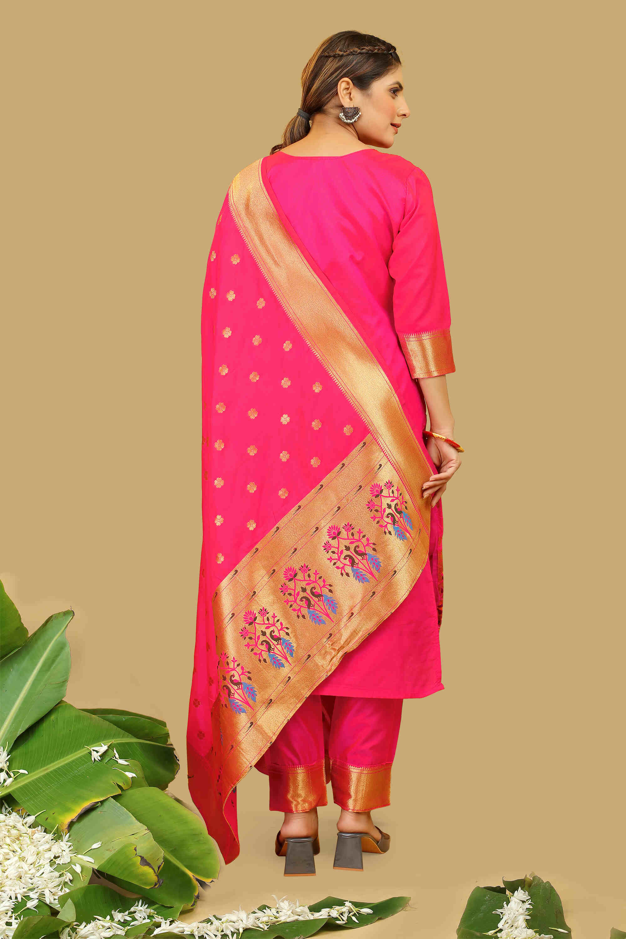 Pink color paithani silk unstitched Suit [Product Code: 23603]