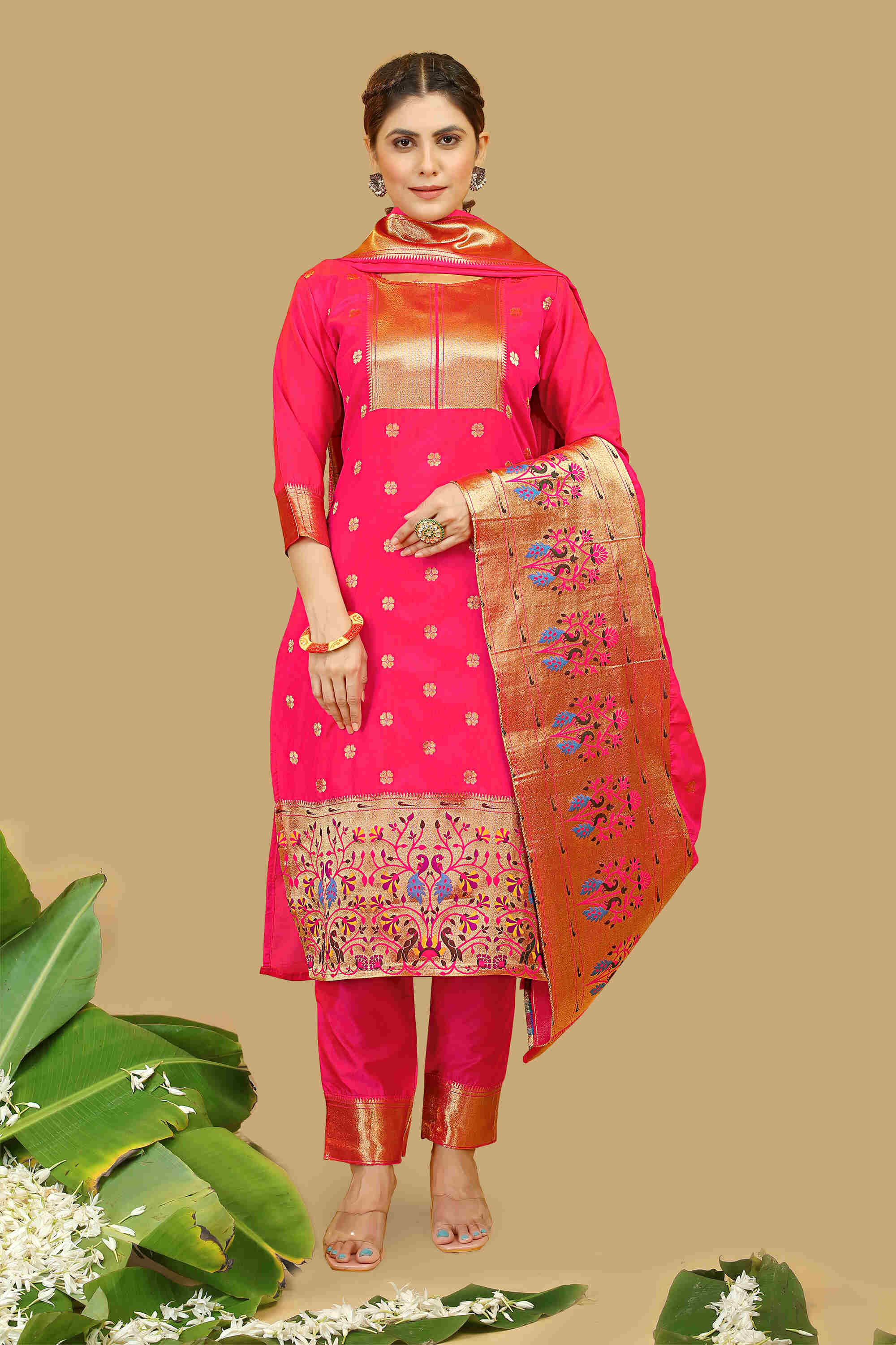 Pink color paithani silk unstitched Suit [Product Code: 23603]