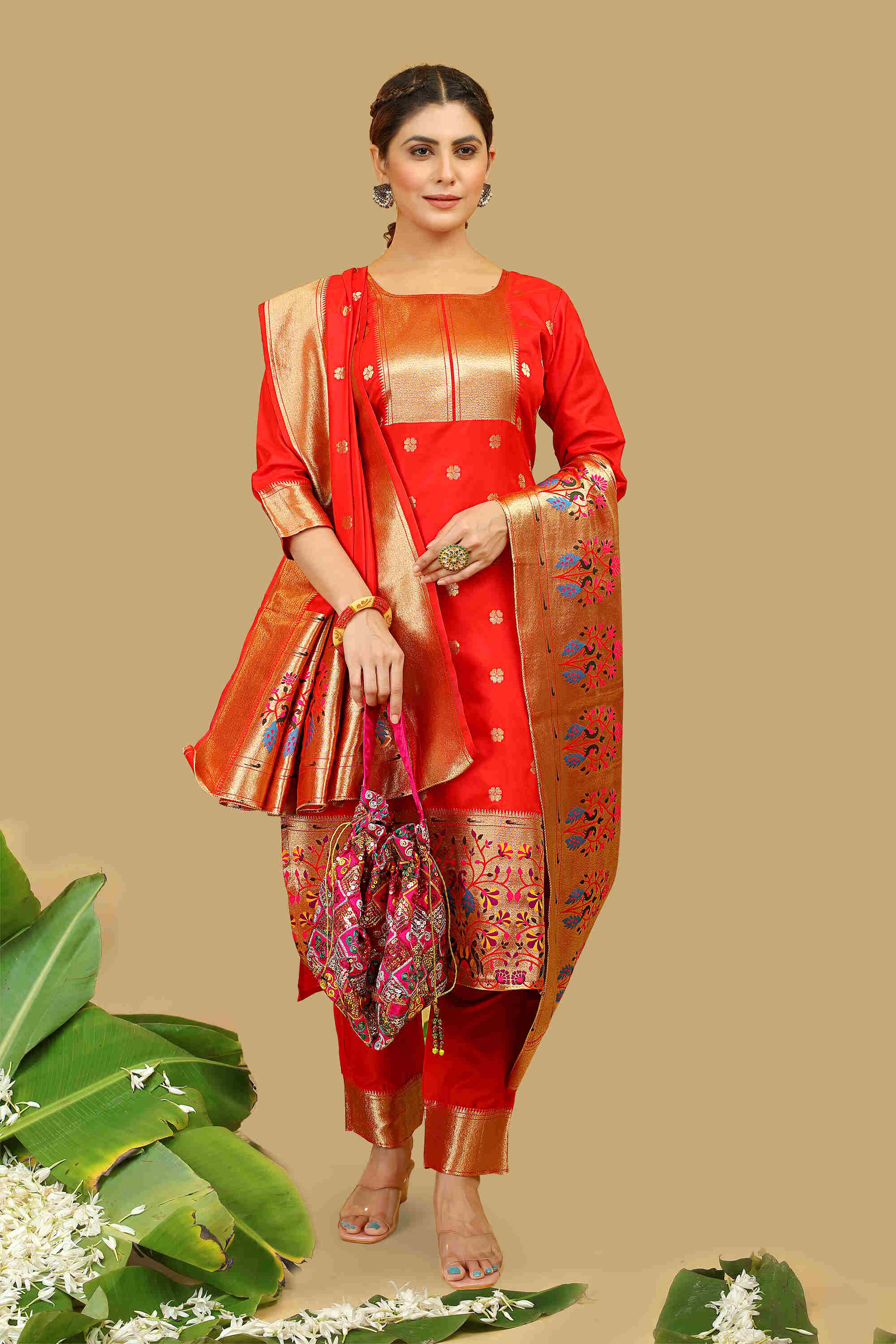 Red color paithani silk unstitched Suit [Product Code: 23604]