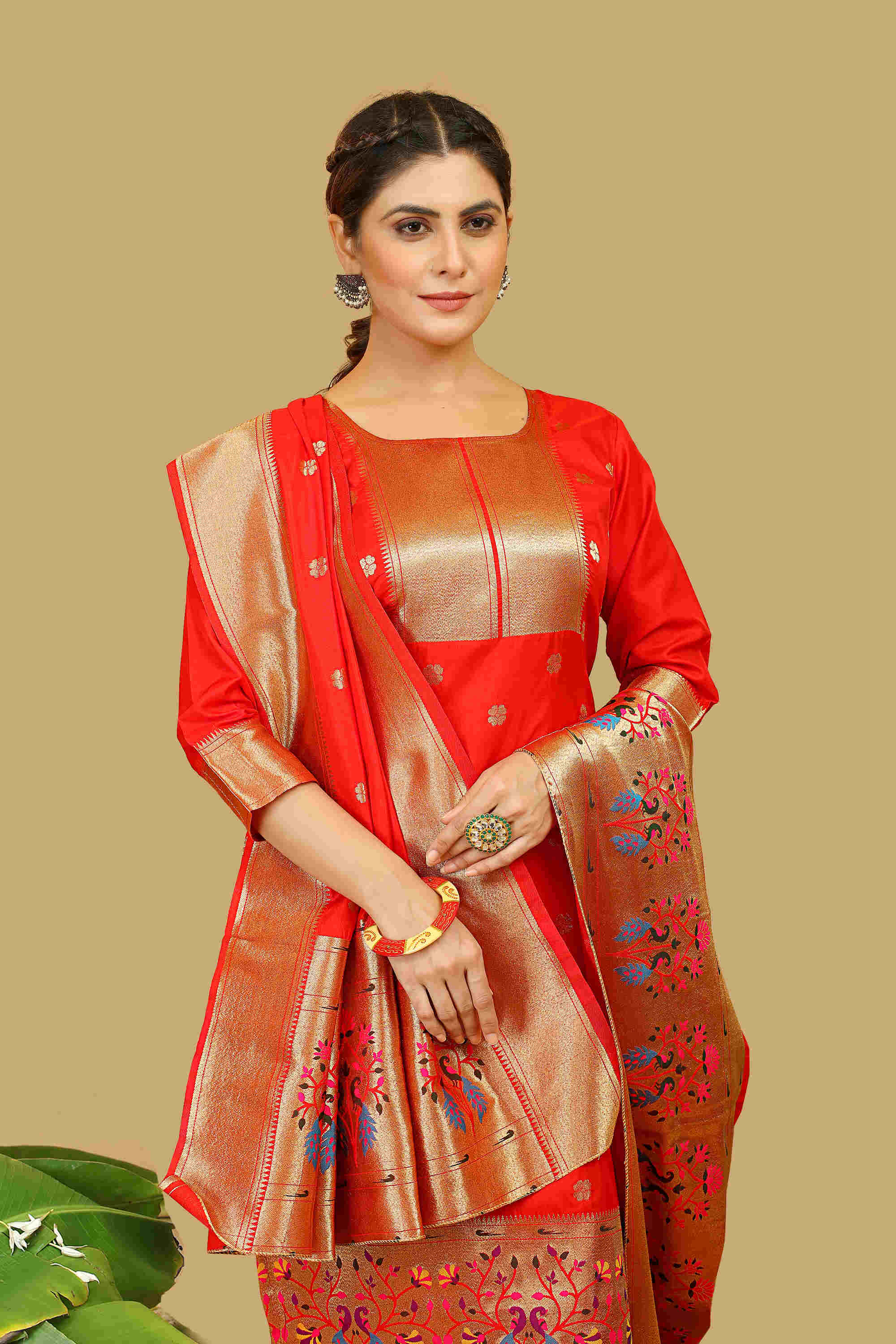 Red color paithani silk unstitched Suit [Product Code: 23604]