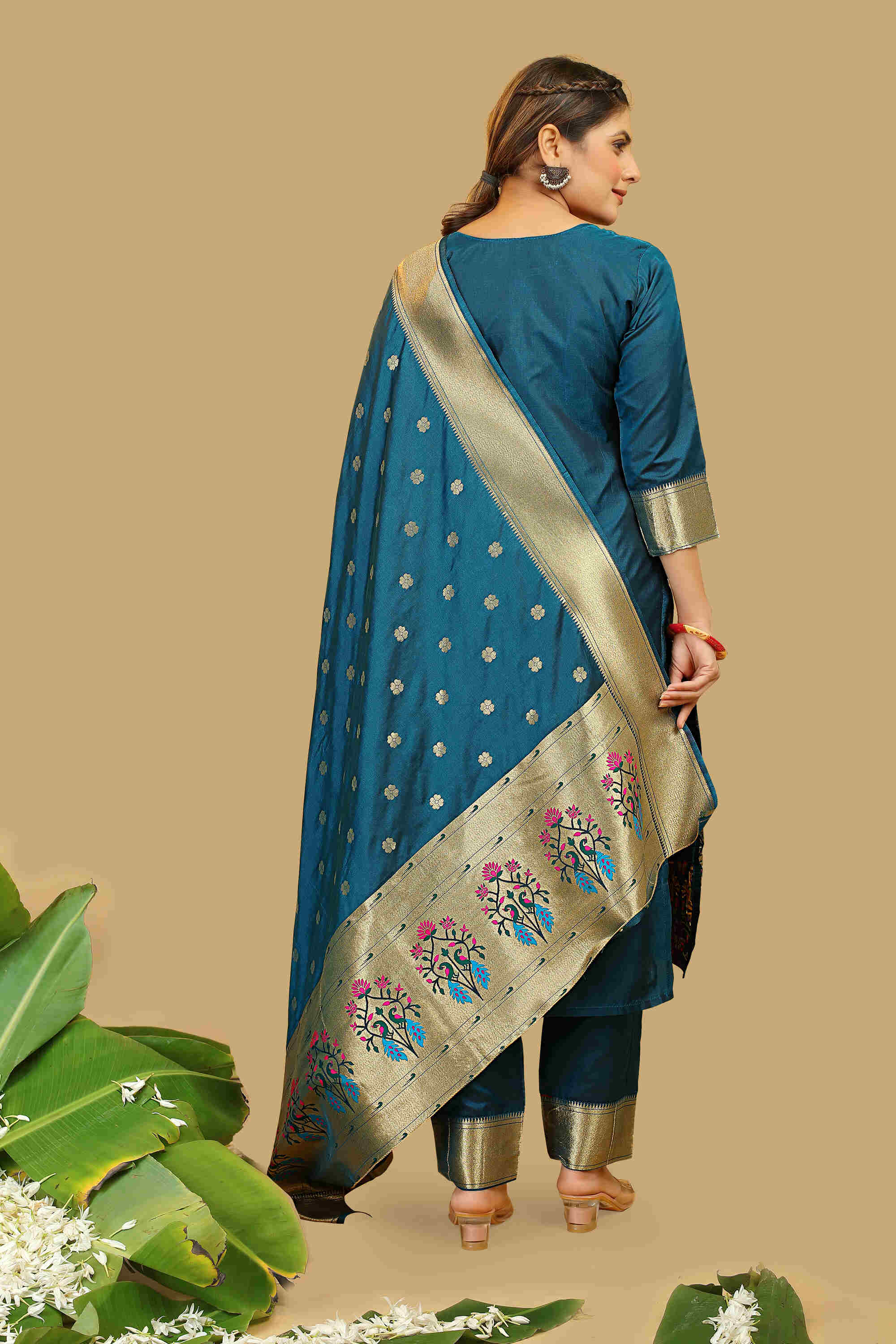 Rama color paithani silk unstitched Suit [Product Code: 23605]