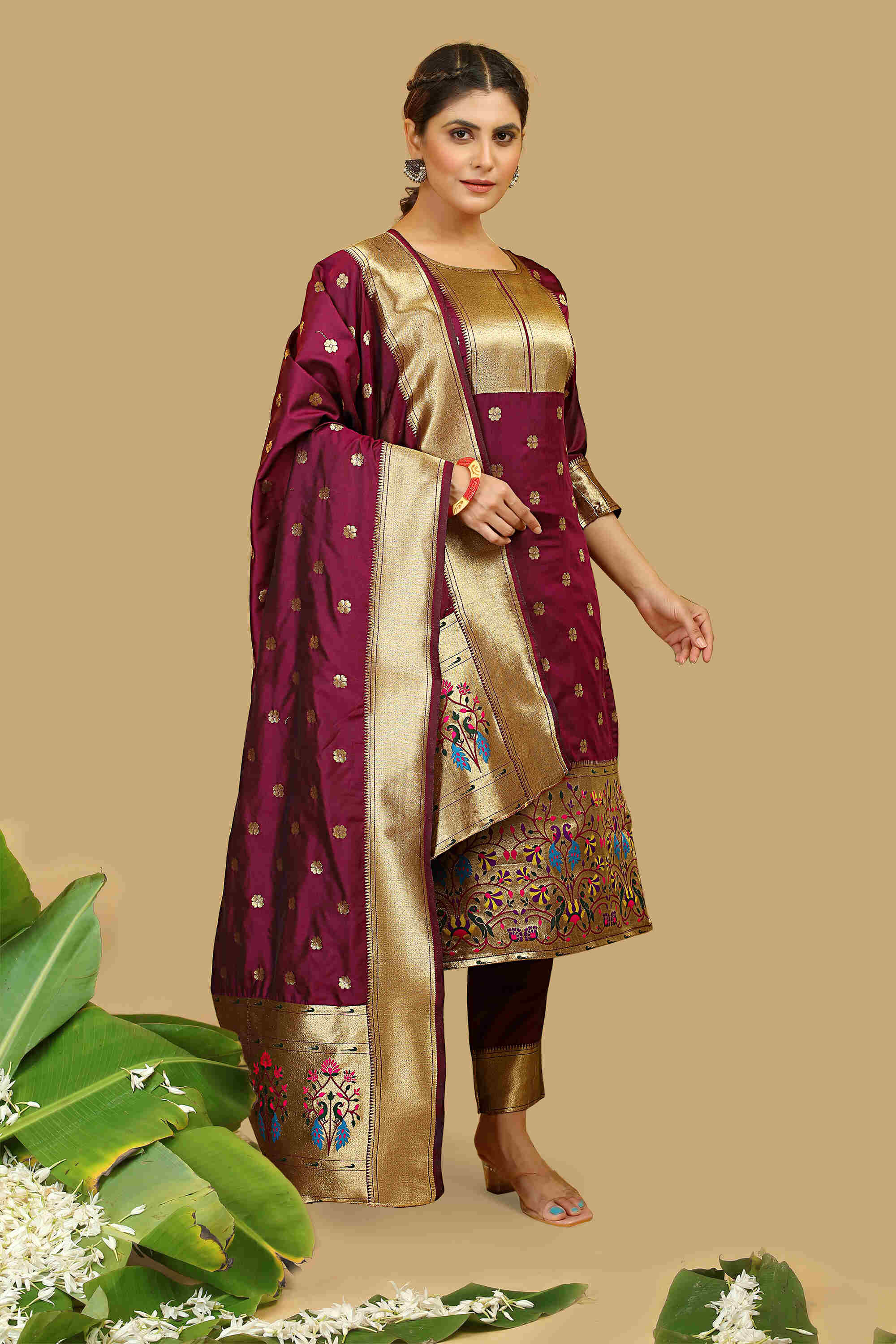 Magenta color paithani silk unstitched Suit [Product Code: 23606]