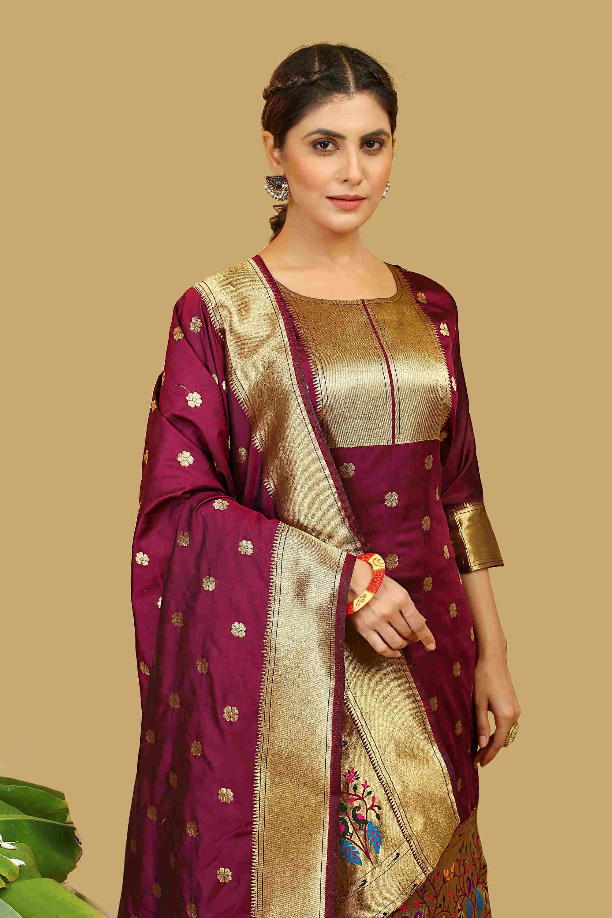 Magenta color paithani silk unstitched Suit [Product Code: 23606]
