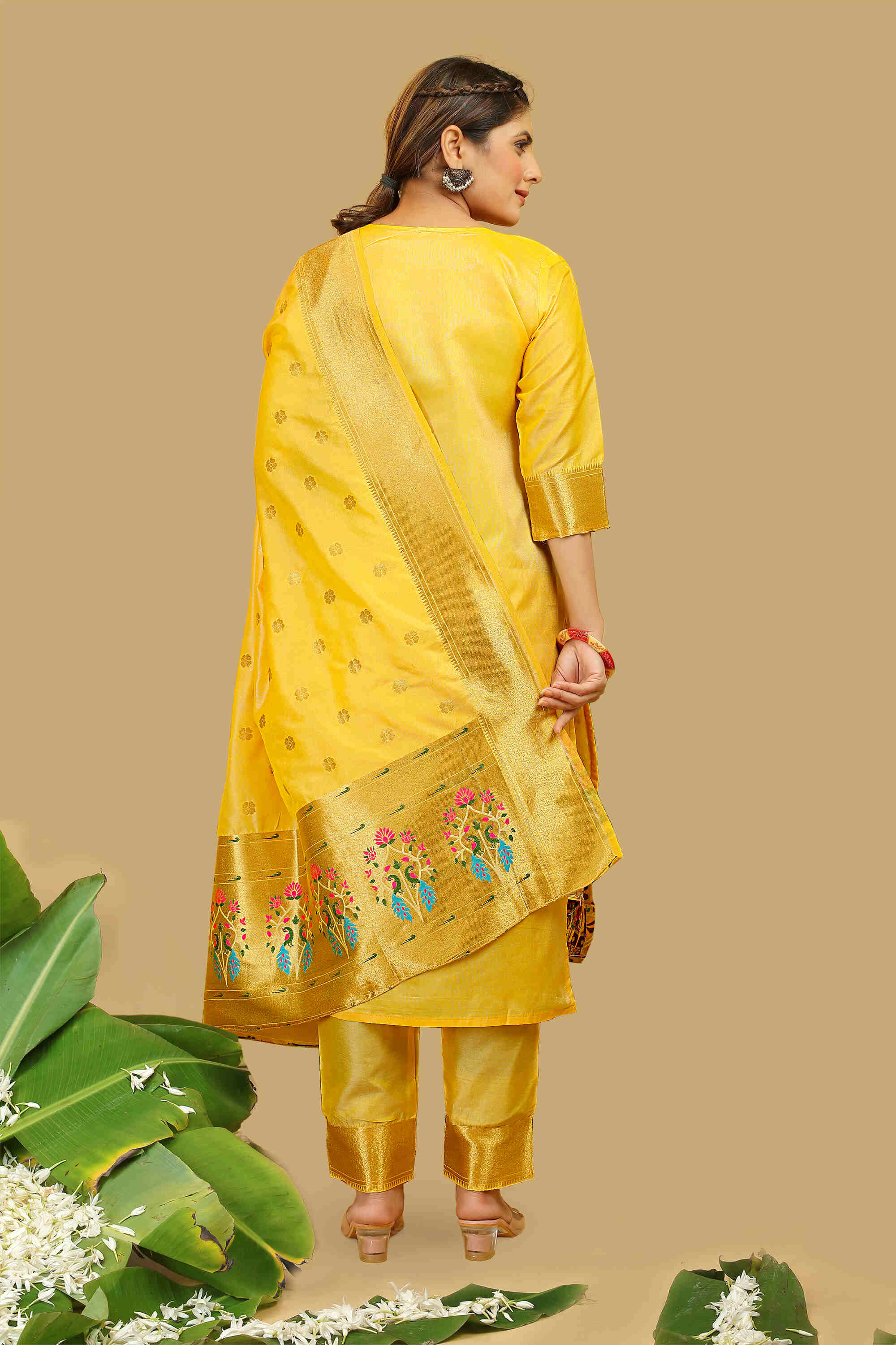 Yellow color paithani silk unstitched Suit [Product Code: 23607]