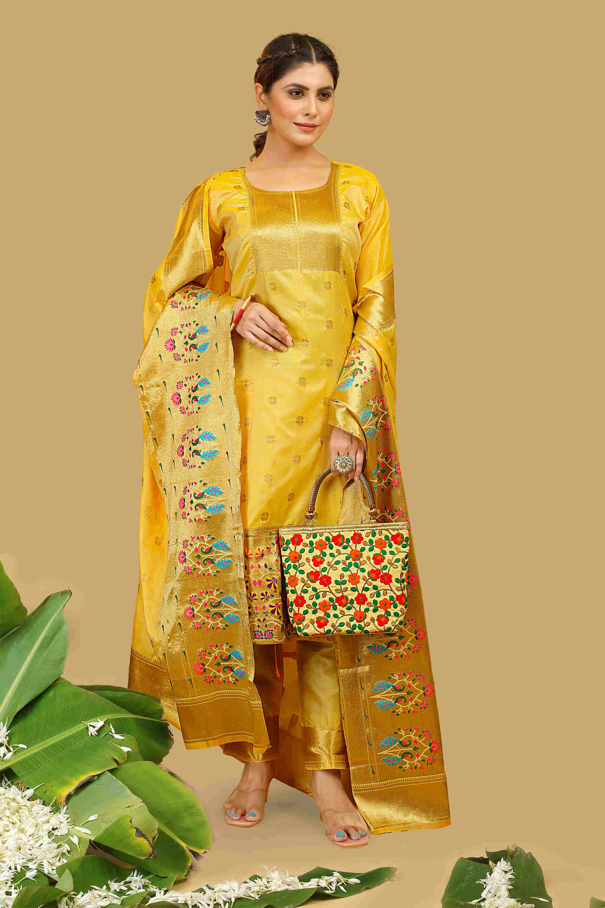 Yellow color paithani silk unstitched Suit [Product Code: 23607]