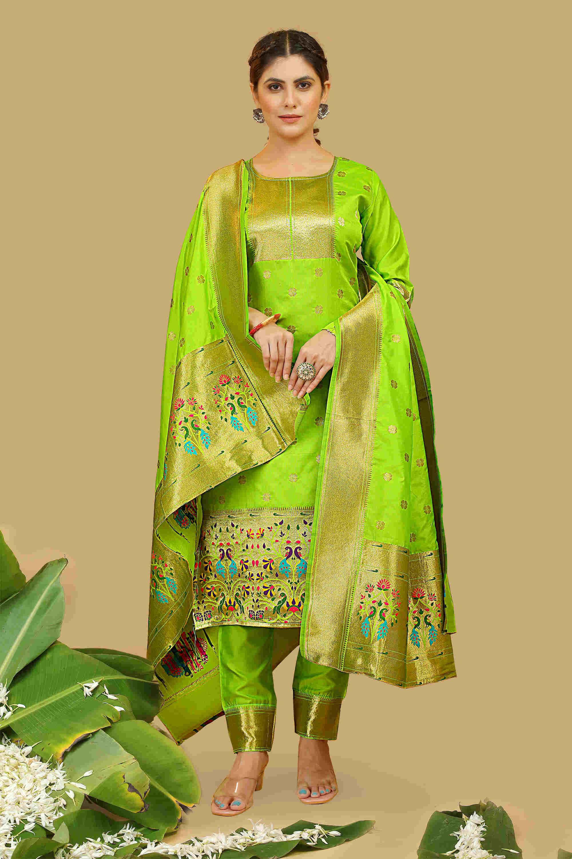 Parrot green color paithani silk unstitched Suit [Product Code: 23608]