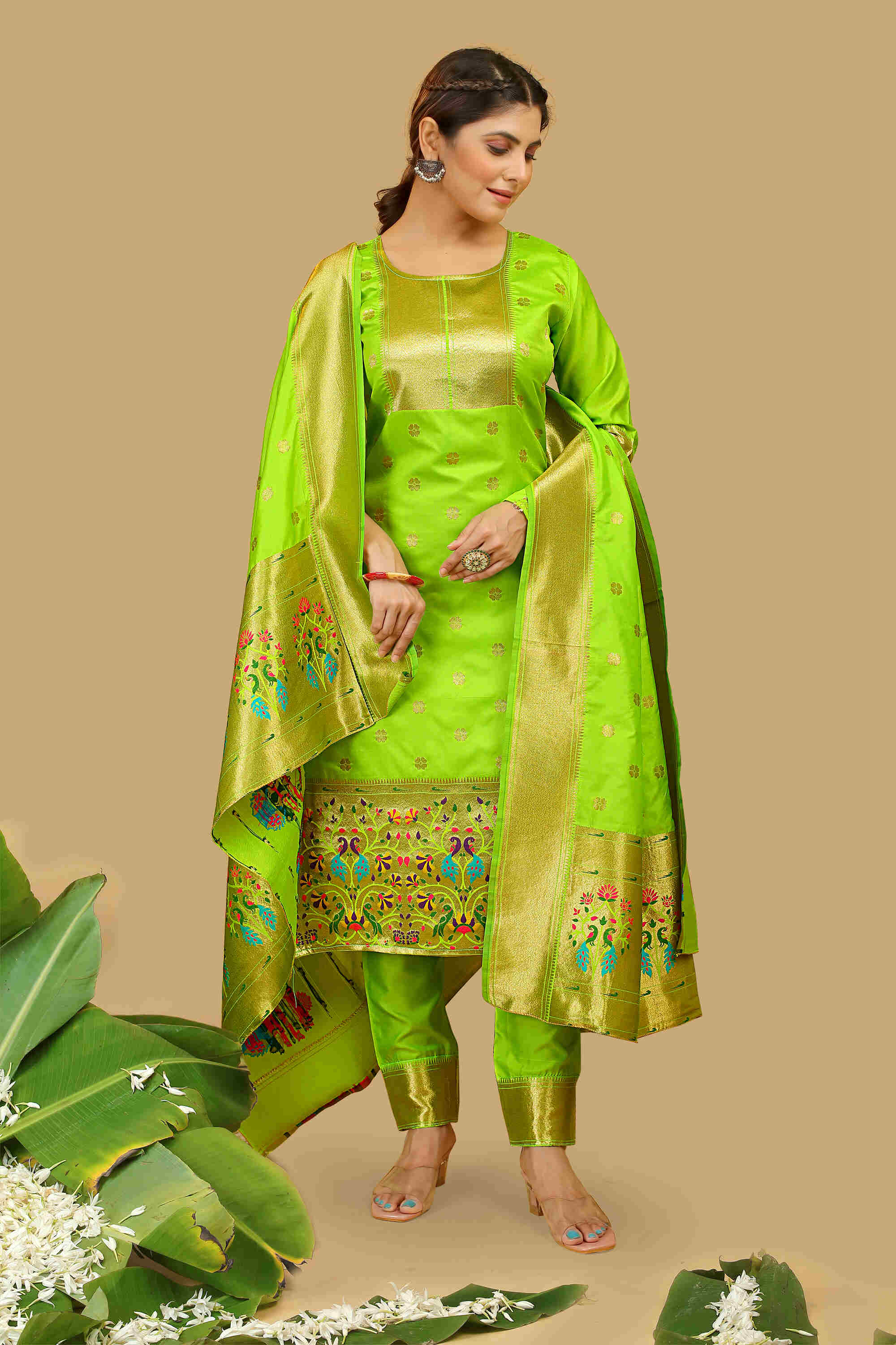 Parrot green color paithani silk unstitched Suit [Product Code: 23608]