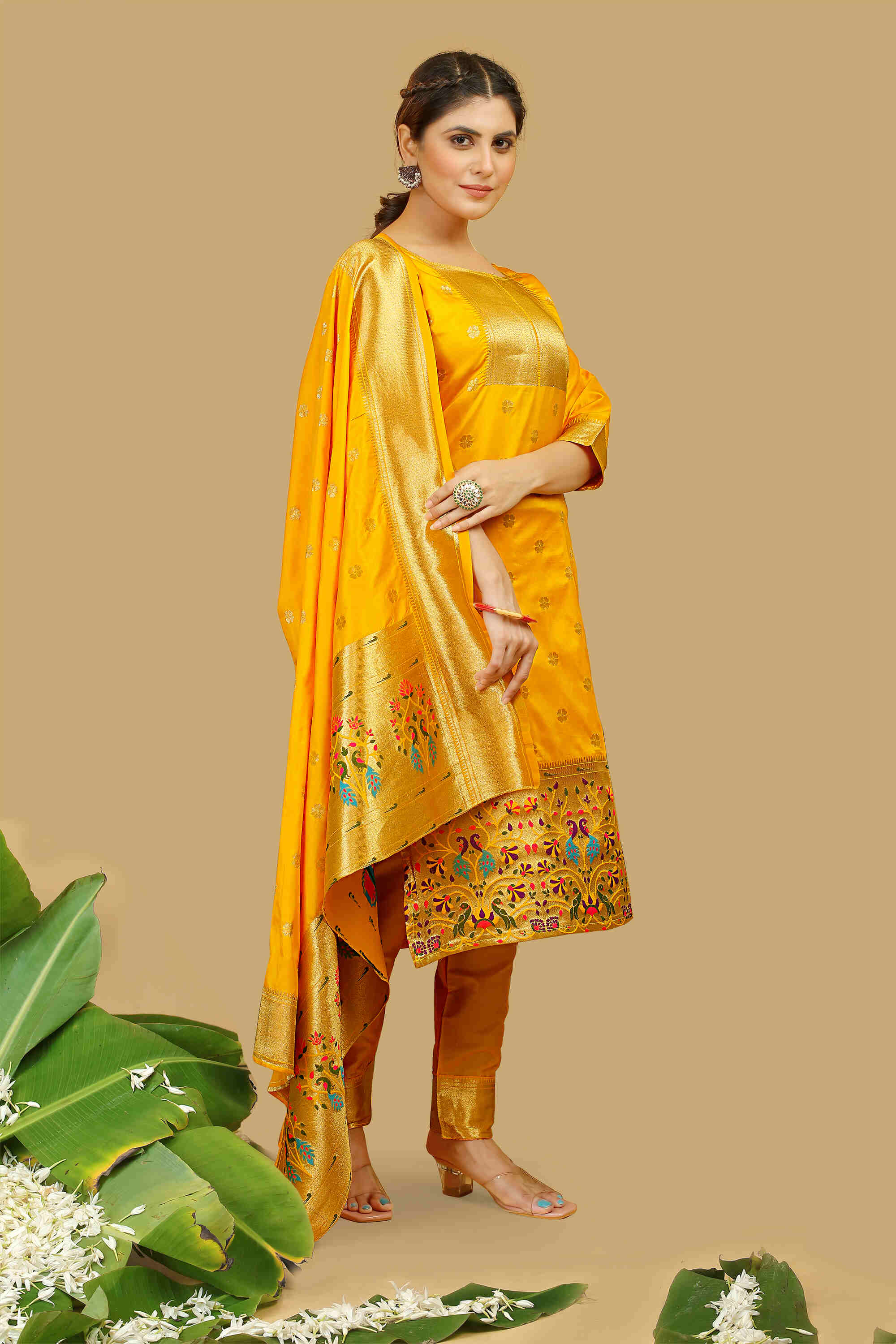 Mustard  color paithani silk unstitched Suit [Product Code: 23609]