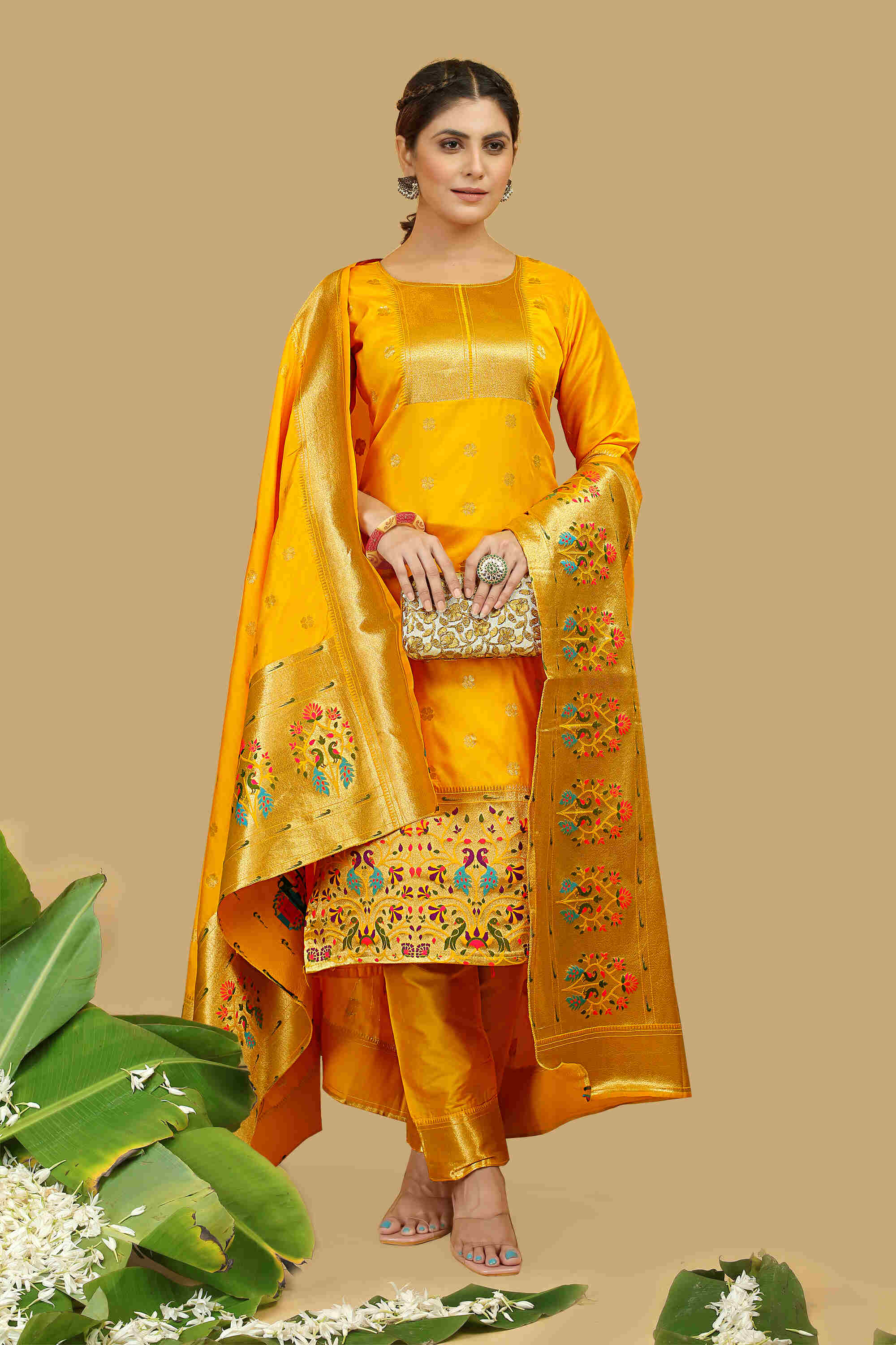 Mustard  color paithani silk unstitched Suit [Product Code: 23609]
