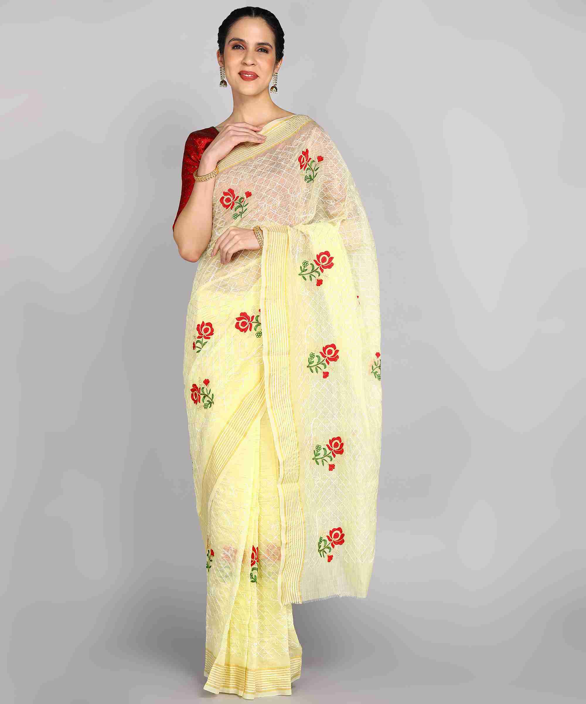 Light Yellow Chanderi  Embroidered Work Saree With Jacquard Blouse Piece