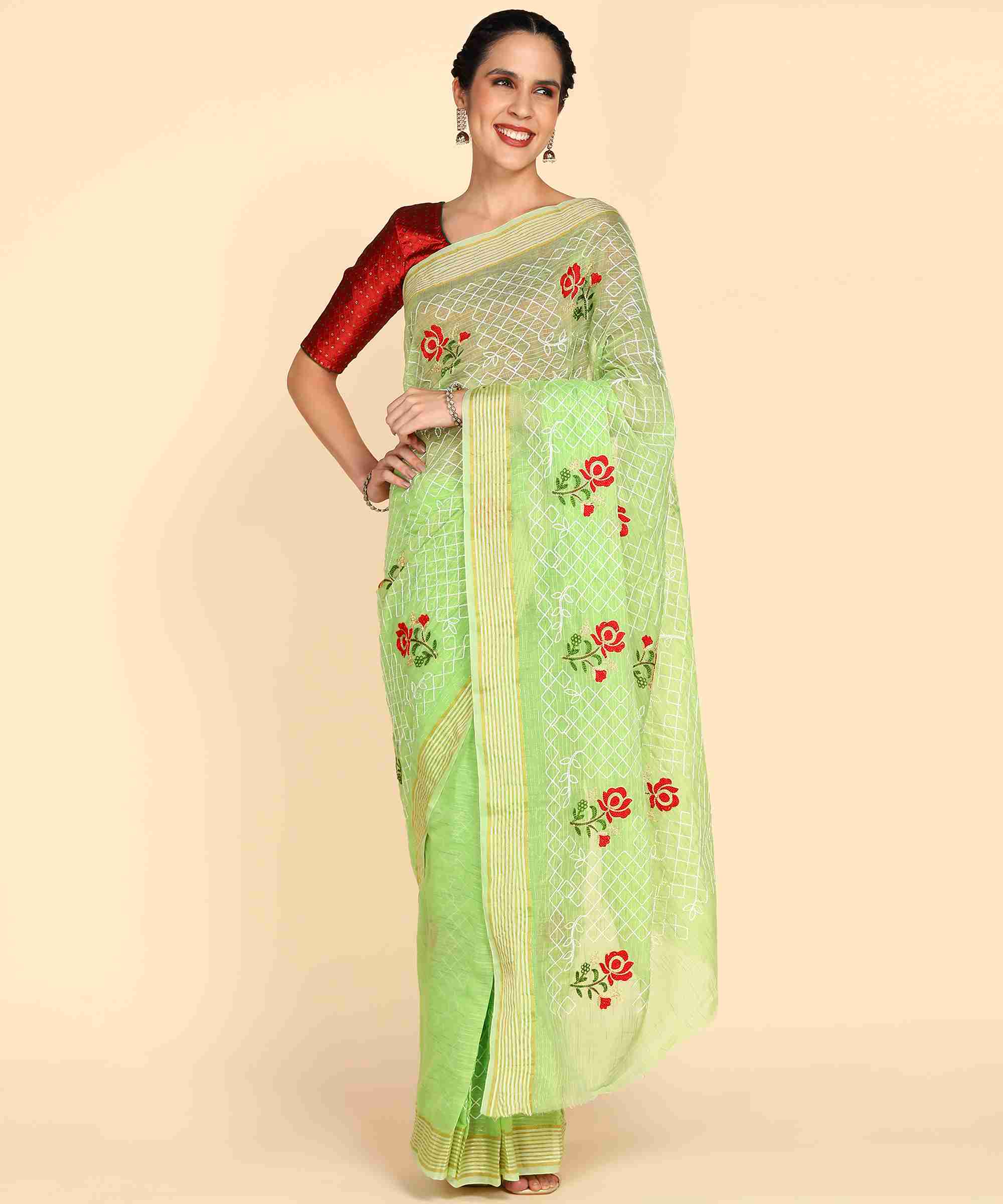 light pista green Chanderi Cotton Embroidered Work Saree With Jacquard Blouse Piece