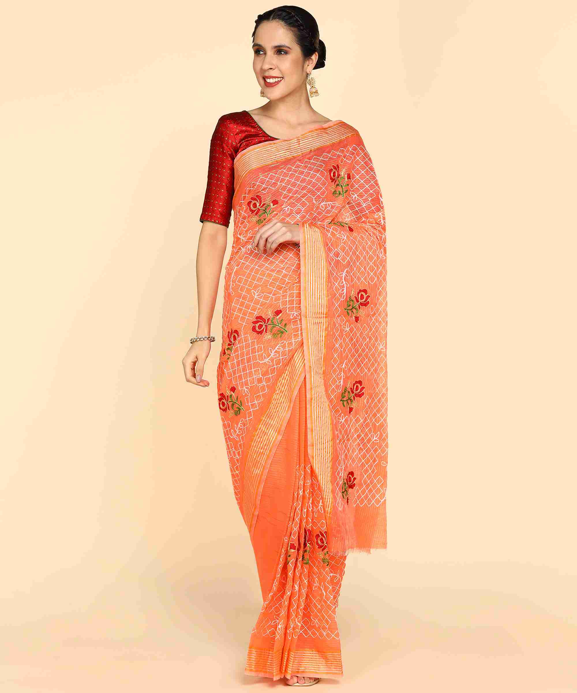 Orange Chanderi Cotton Embroidered Work Saree With Jacquard Blouse Piece