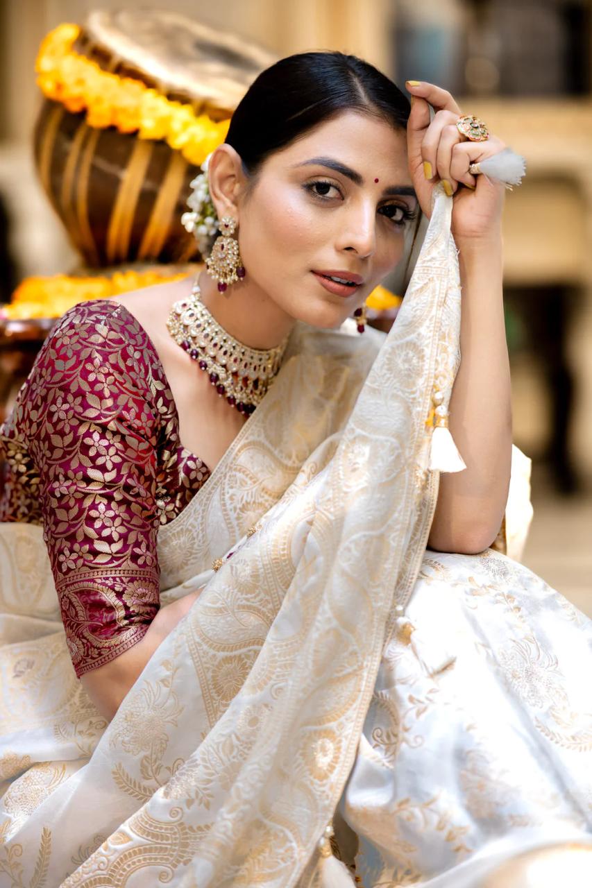 White Banarasi Silk Saree with  Embellishments and Intricate Festive Wear